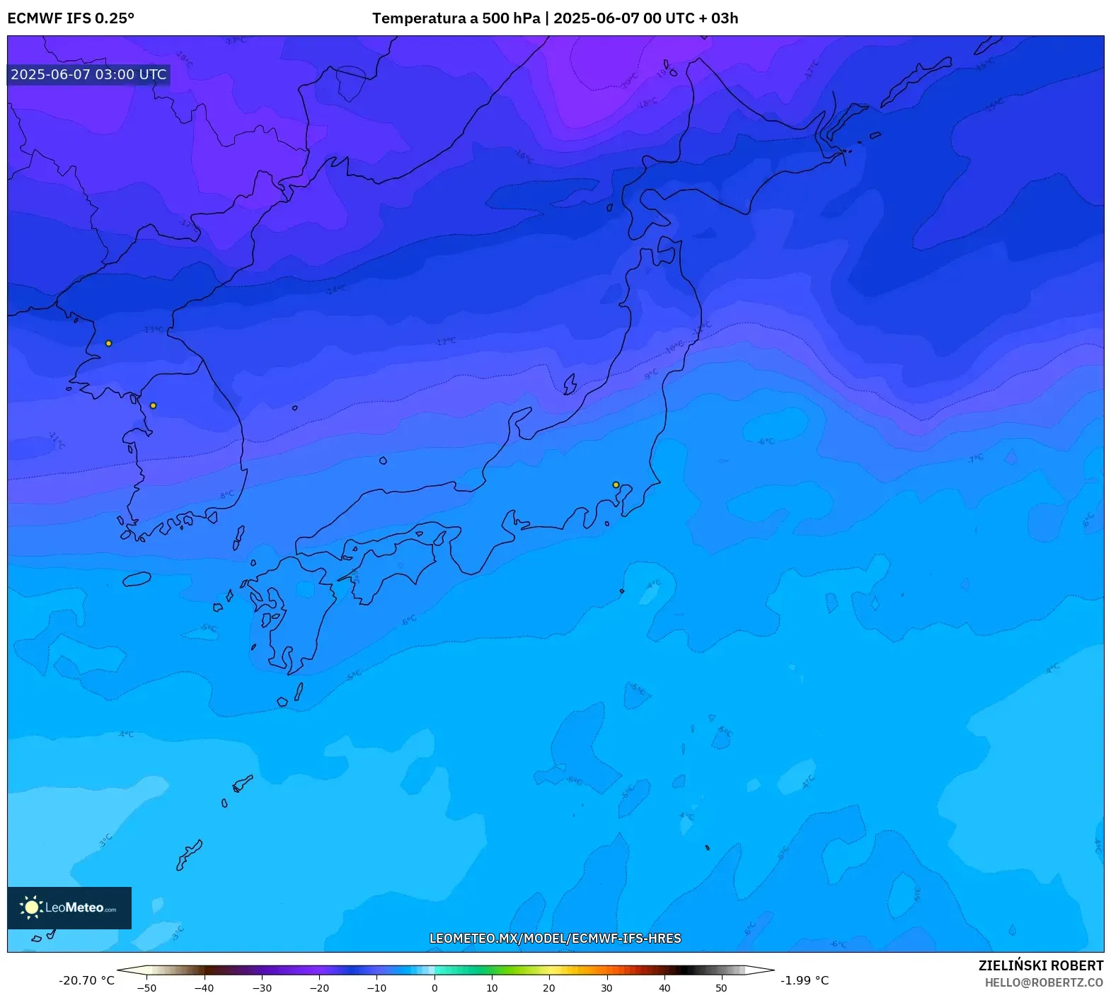 ECMWF IFS 0.25° model - Japón, Temperatura a 500 hPa ECMWF IFS 0.25° model - Japón, Temperatura a 500 hPa