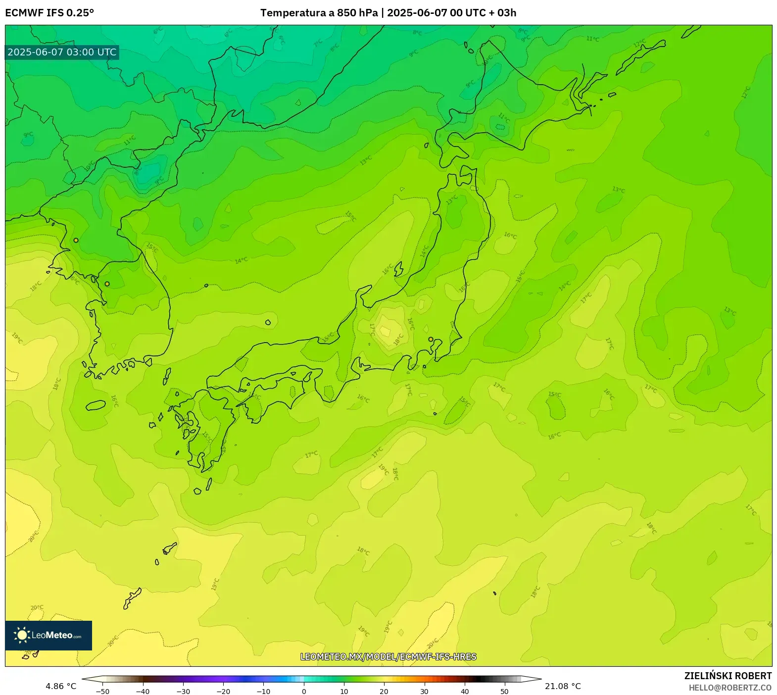 ECMWF IFS 0.25° model - Japón, Temperatura a 850 hPa ECMWF IFS 0.25° model - Japón, Temperatura a 850 hPa