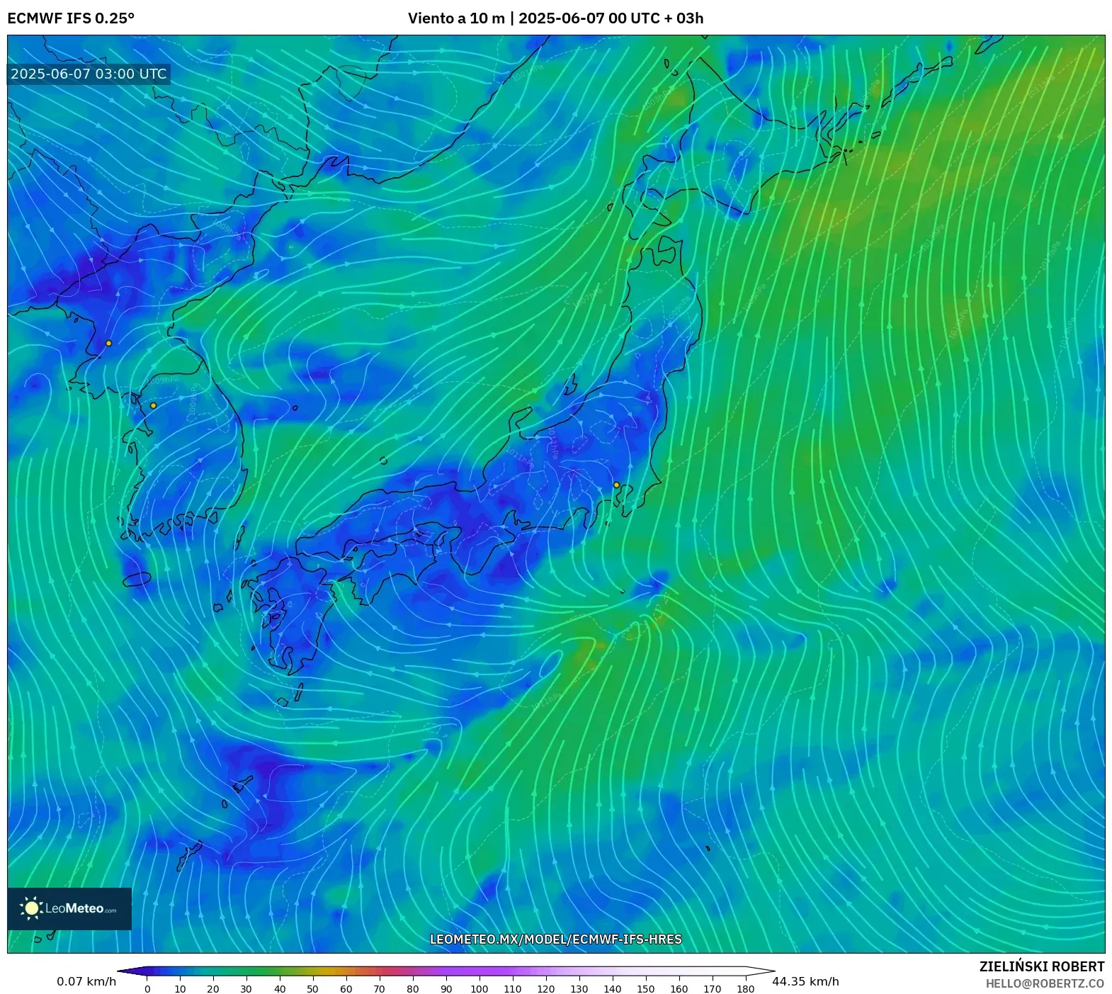 ECMWF IFS 0.25° model - Japón, Viento a 10 m ECMWF IFS 0.25° model - Japón, Viento a 10 m