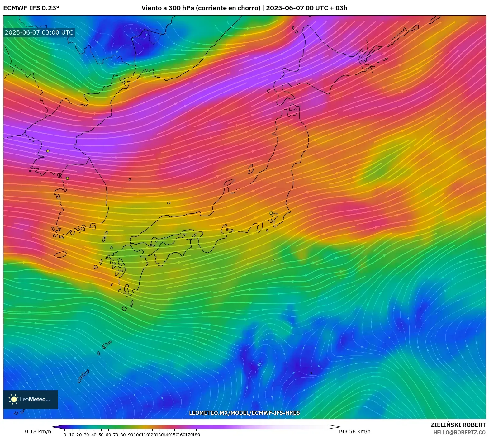 ECMWF IFS 0.25° model - Japón, Viento a 300 hPa (corriente en chorro) ECMWF IFS 0.25° model - Japón, Viento a 300 hPa (corriente en chorro)