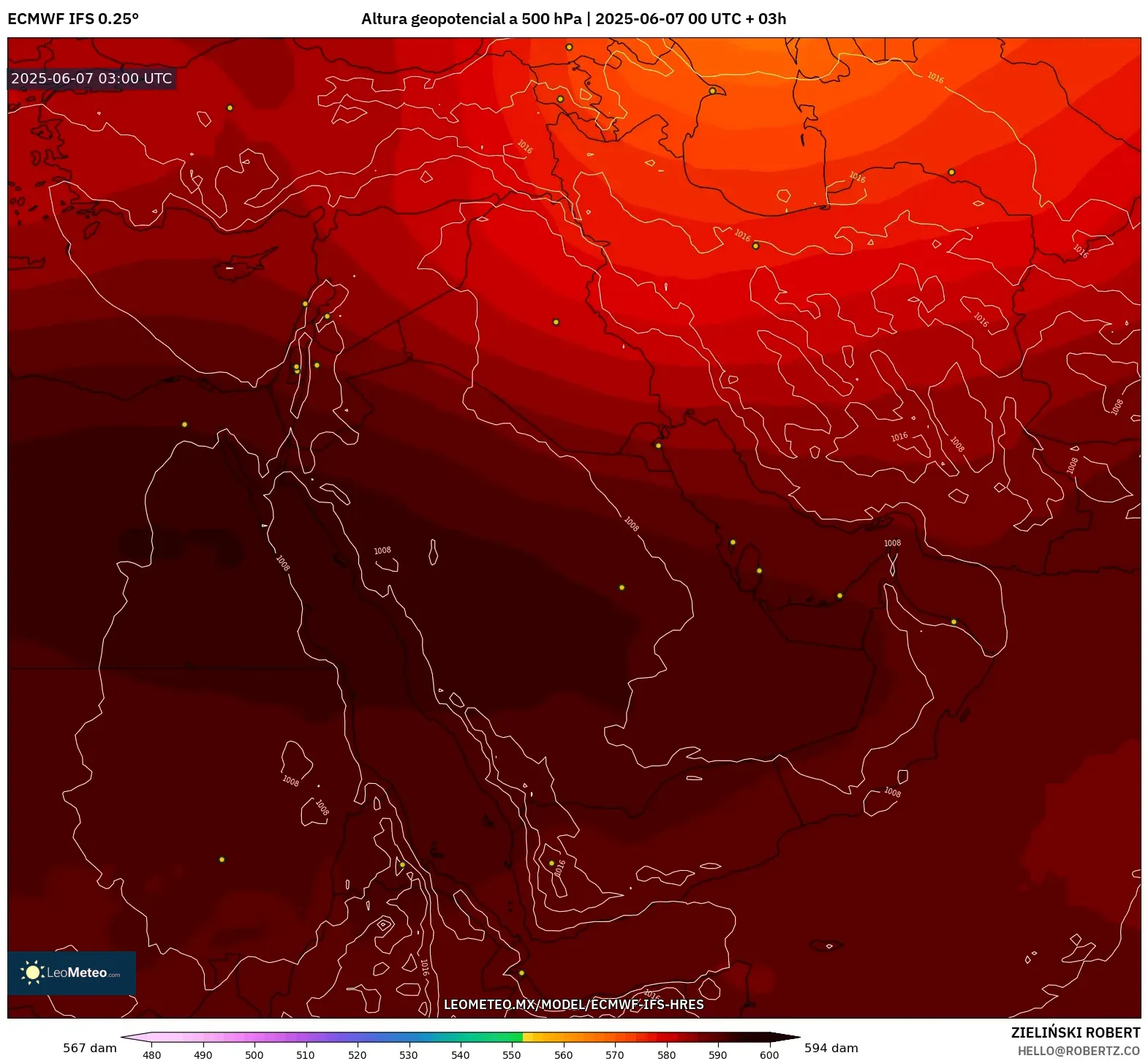ECMWF IFS 0.25° model - Oriente Medio, Altura geopotencial a 500 hPa