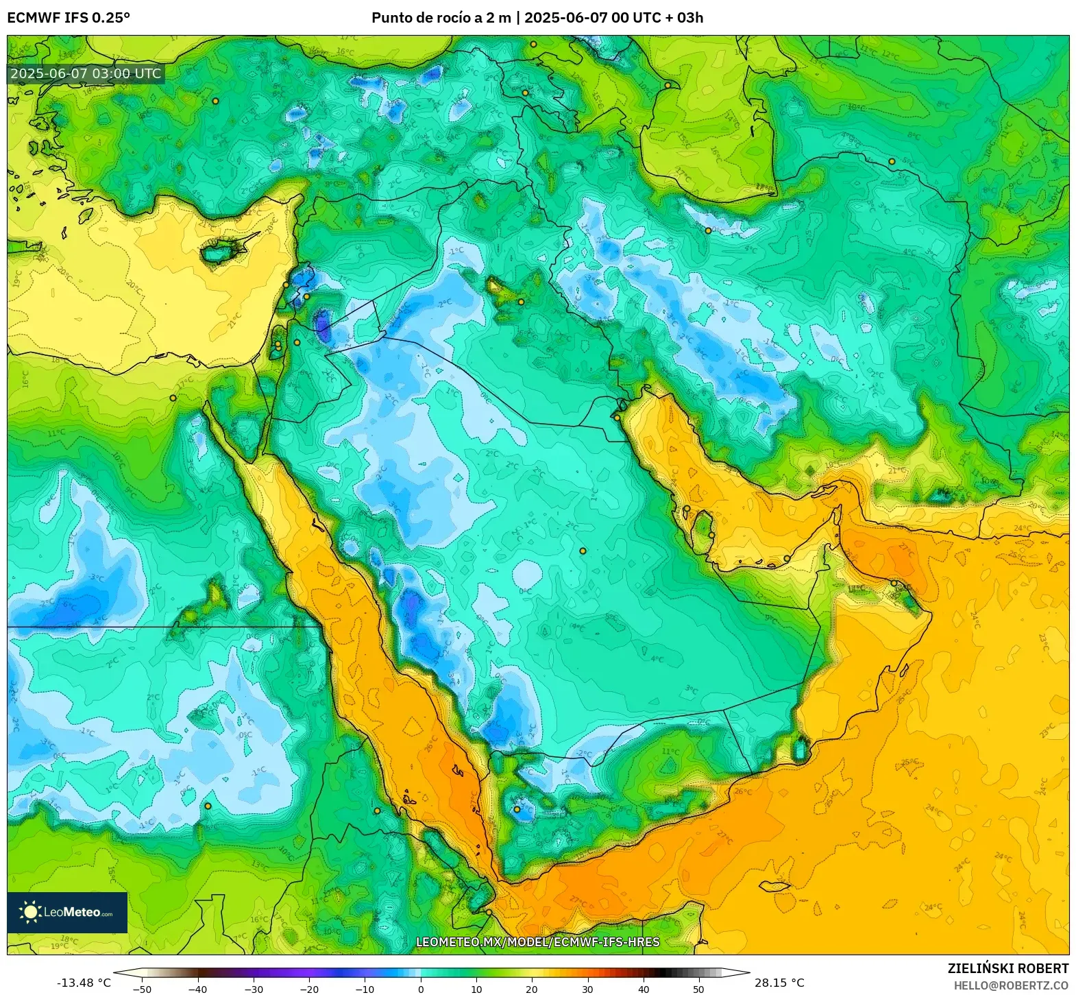 ECMWF IFS 0.25° model - Oriente Medio, Punto de rocío a 2 m ECMWF IFS 0.25° model - Oriente Medio, Punto de rocío a 2 m