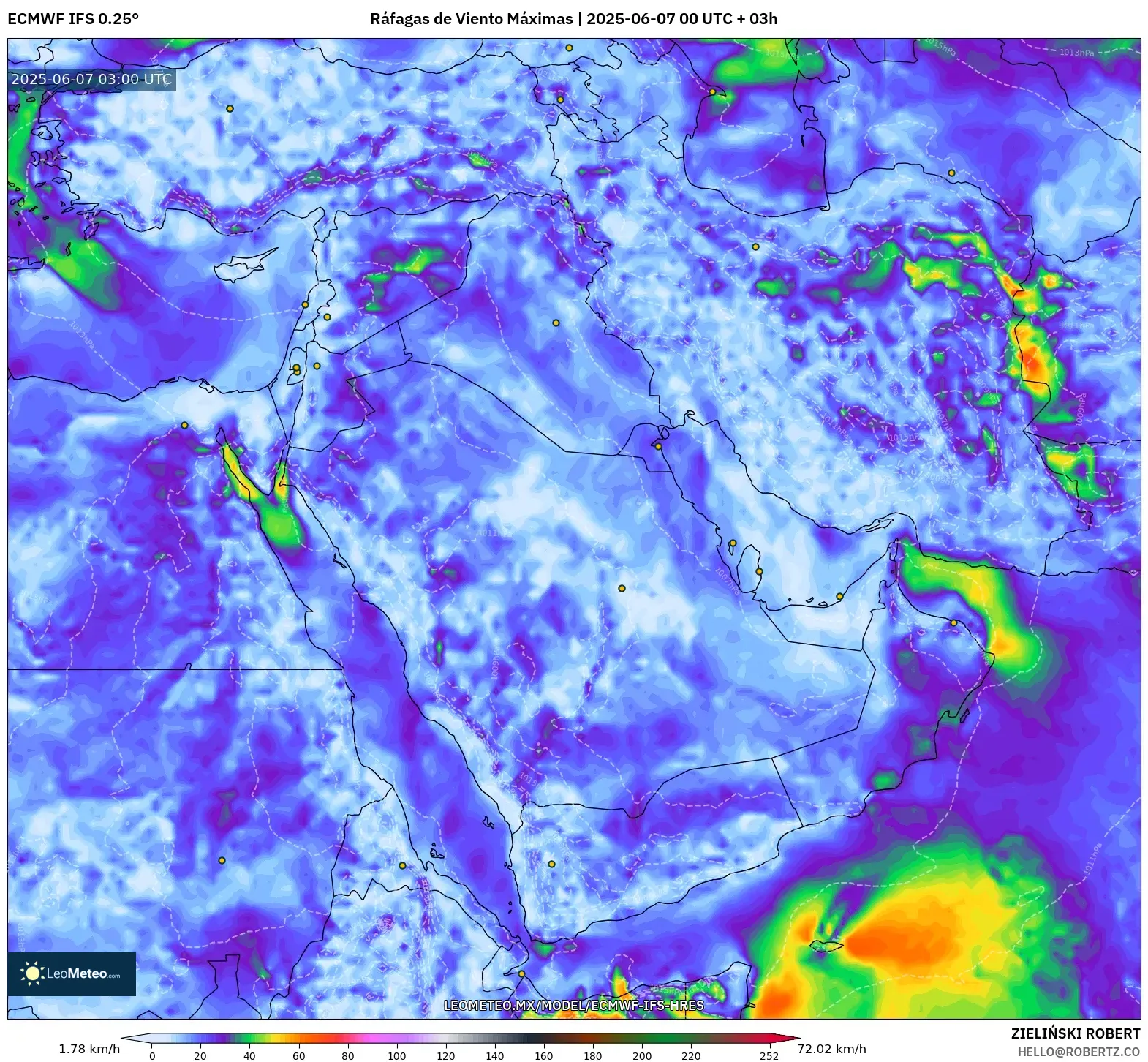 ECMWF IFS 0.25° model - Oriente Medio, Ráfagas de Viento Máximas ECMWF IFS 0.25° model - Oriente Medio, Ráfagas de Viento Máximas