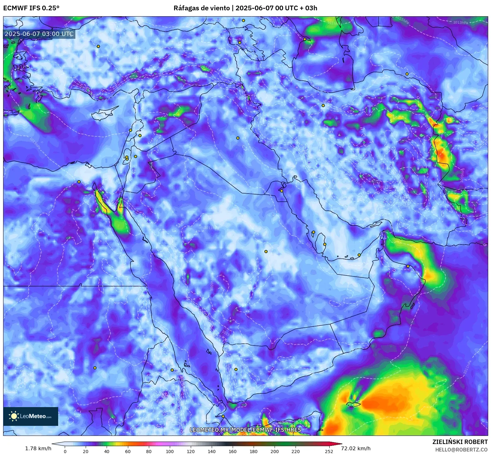 ECMWF IFS 0.25° model - Oriente Medio, Ráfagas de viento ECMWF IFS 0.25° model - Oriente Medio, Ráfagas de viento