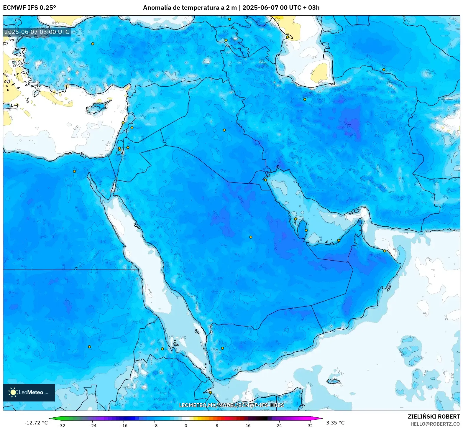 ECMWF IFS 0.25° model - Oriente Medio, Anomalía de temperatura a 2 m ECMWF IFS 0.25° model - Oriente Medio, Anomalía de temperatura a 2 m