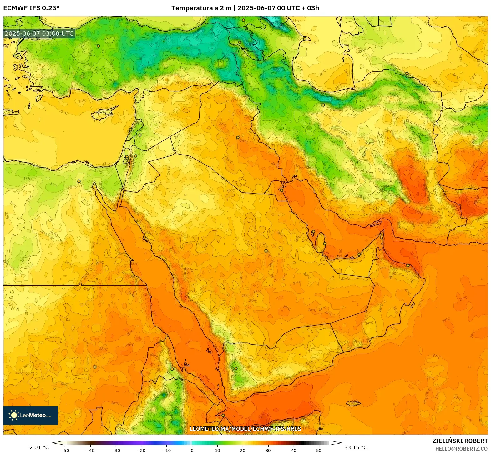 ECMWF IFS 0.25° model - Oriente Medio, Temperatura a 2 m ECMWF IFS 0.25° model - Oriente Medio, Temperatura a 2 m