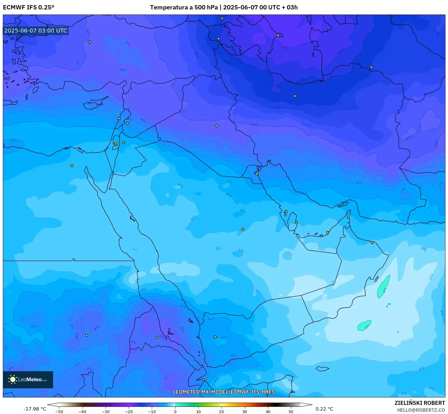 ECMWF IFS 0.25° model - Oriente Medio, Temperatura a 500 hPa ECMWF IFS 0.25° model - Oriente Medio, Temperatura a 500 hPa