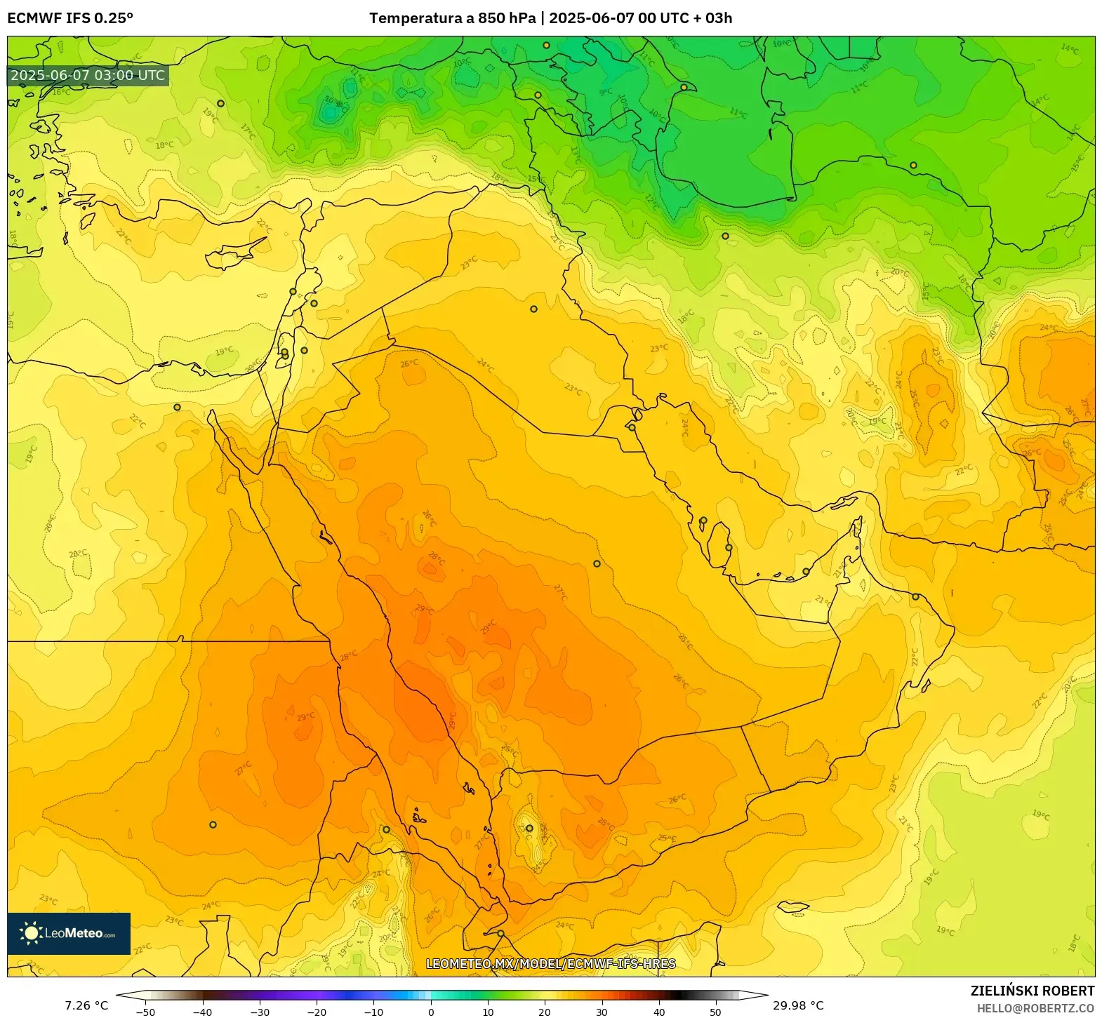 ECMWF IFS 0.25° model - Oriente Medio, Temperatura a 850 hPa ECMWF IFS 0.25° model - Oriente Medio, Temperatura a 850 hPa