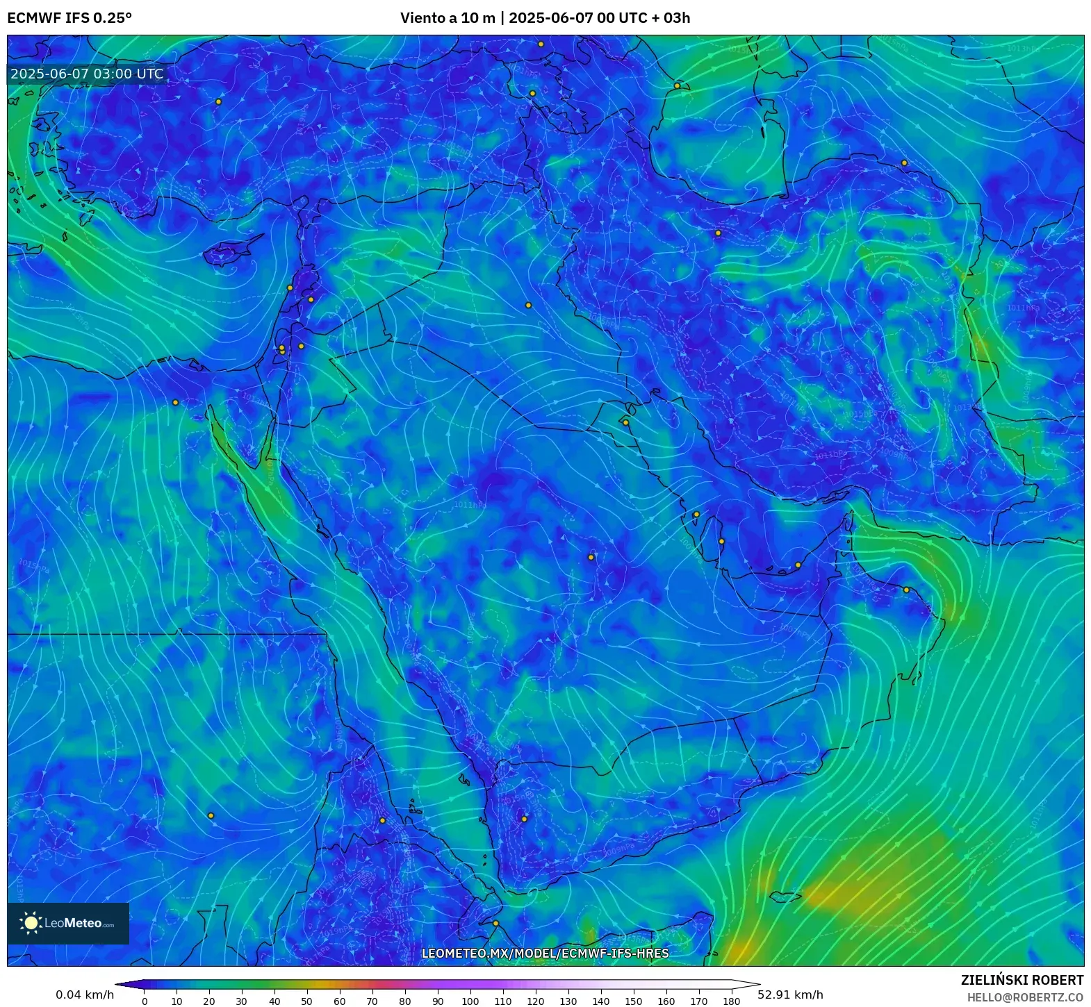ECMWF IFS 0.25° model - Oriente Medio, Viento a 10 m ECMWF IFS 0.25° model - Oriente Medio, Viento a 10 m