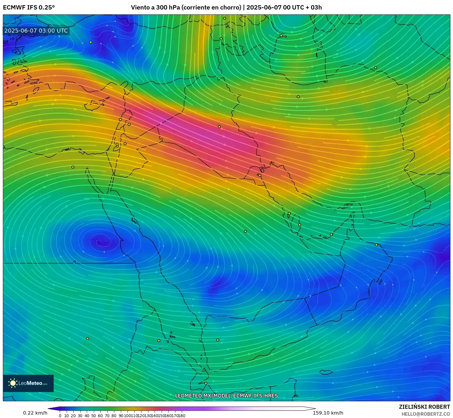 ECMWF IFS 0.25° model - Oriente Medio, Viento a 300 hPa (corriente en chorro) ECMWF IFS 0.25° model - Oriente Medio, Viento a 300 hPa (corriente en chorro)