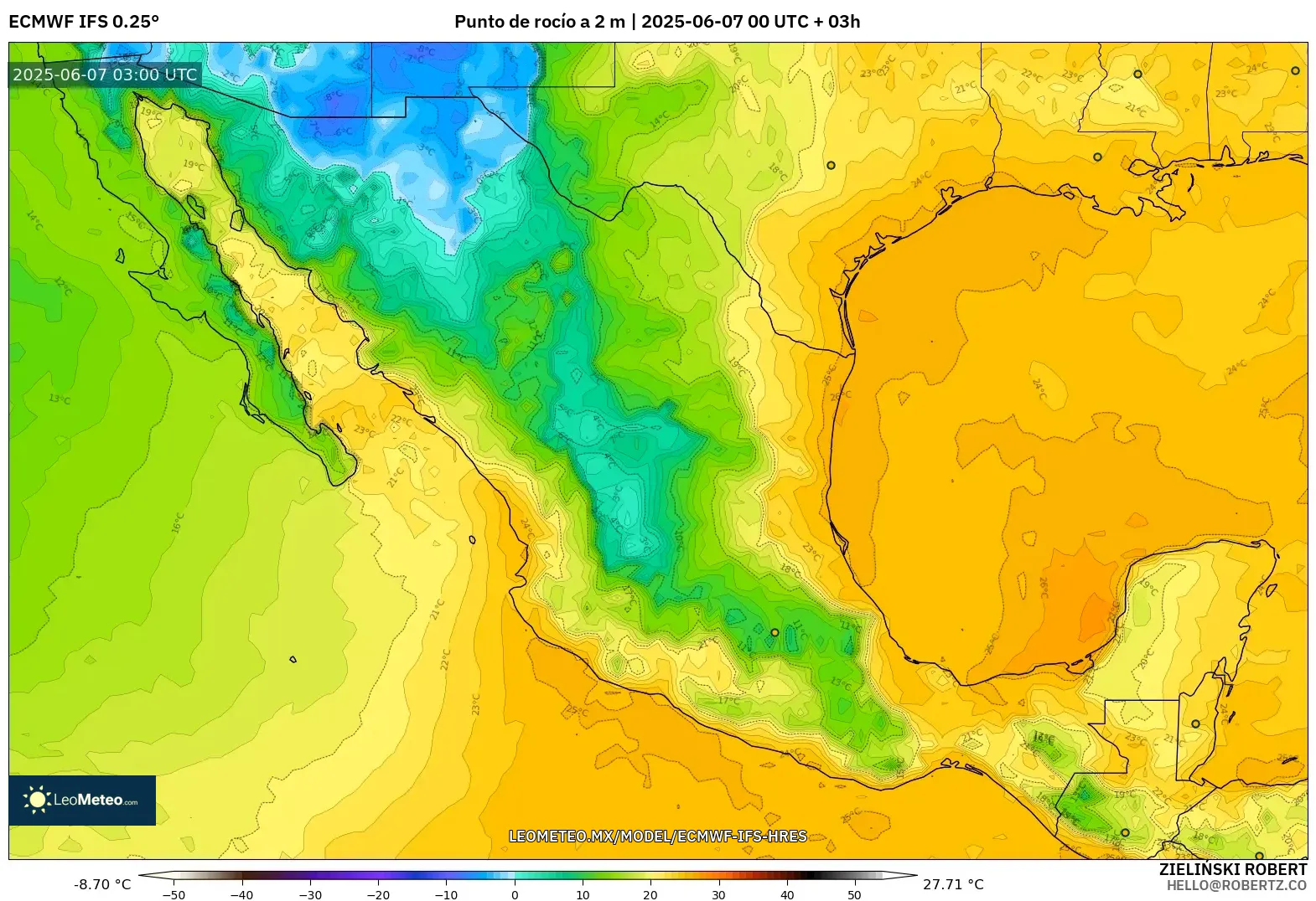 ECMWF IFS 0.25° model - México, Punto de rocío a 2 m ECMWF IFS 0.25° model - México, Punto de rocío a 2 m
