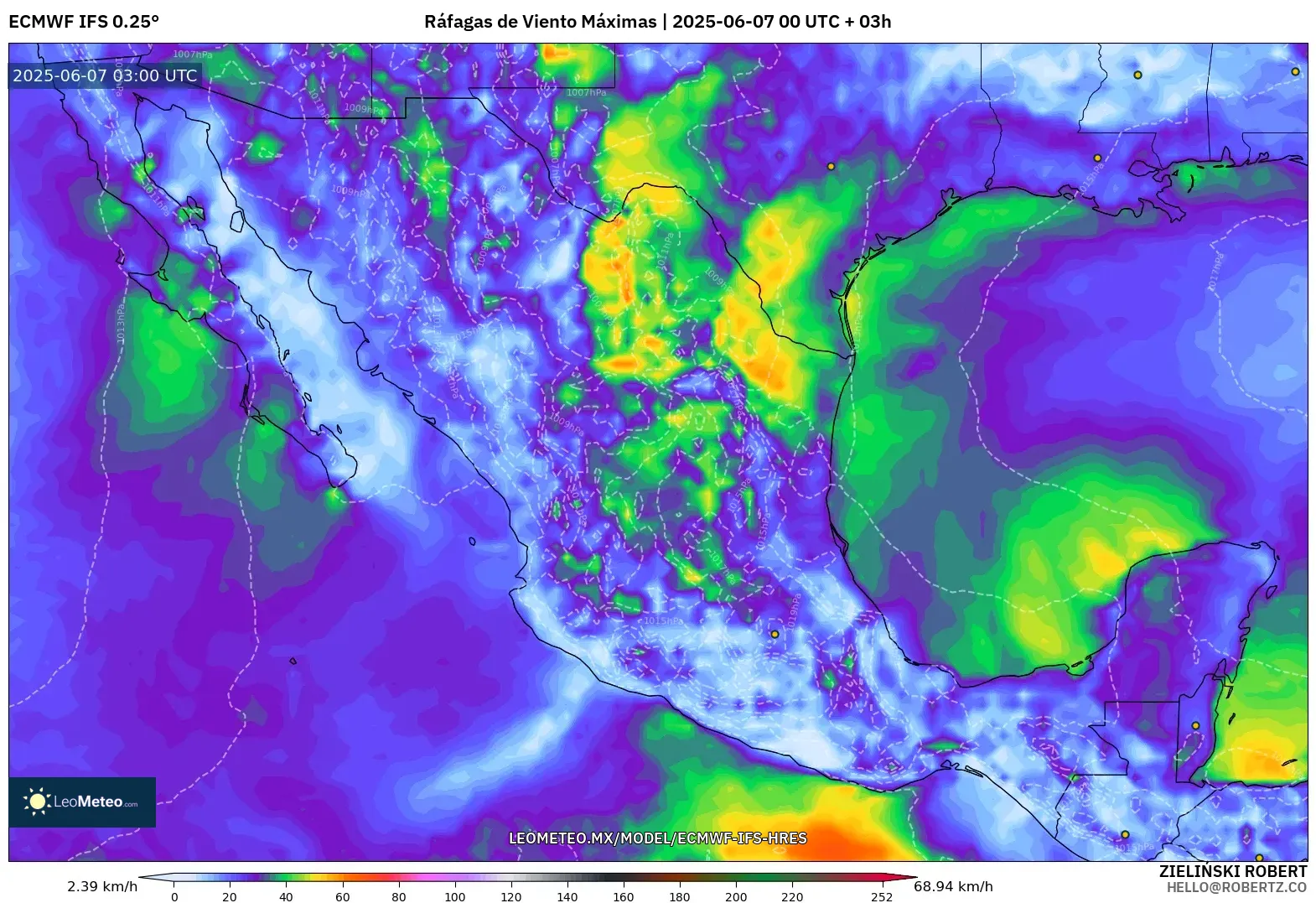 ECMWF IFS 0.25° model - México, Ráfagas de Viento Máximas ECMWF IFS 0.25° model - México, Ráfagas de Viento Máximas