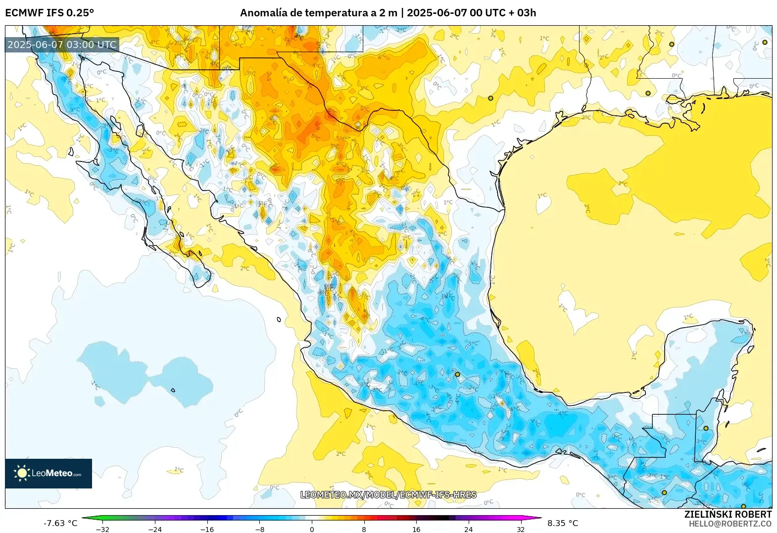 ECMWF IFS 0.25° model - México, Anomalía de temperatura a 2 m ECMWF IFS 0.25° model - México, Anomalía de temperatura a 2 m