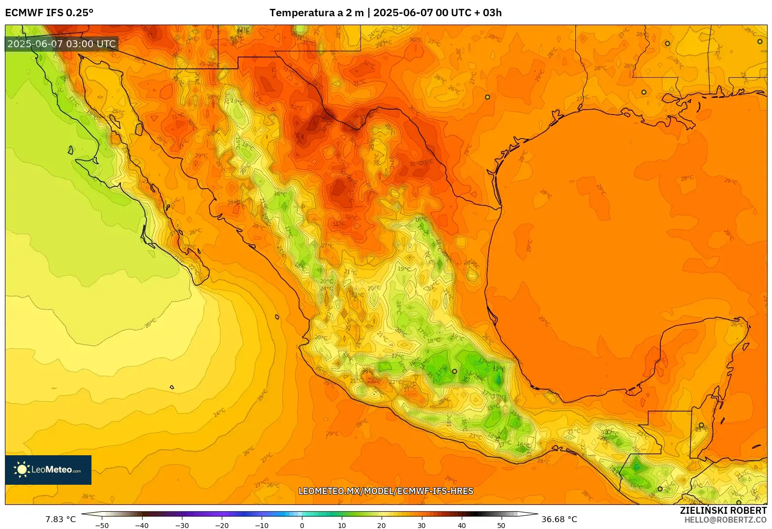 ECMWF IFS 0.25° model - México, Temperatura a 2 m ECMWF IFS 0.25° model - México, Temperatura a 2 m