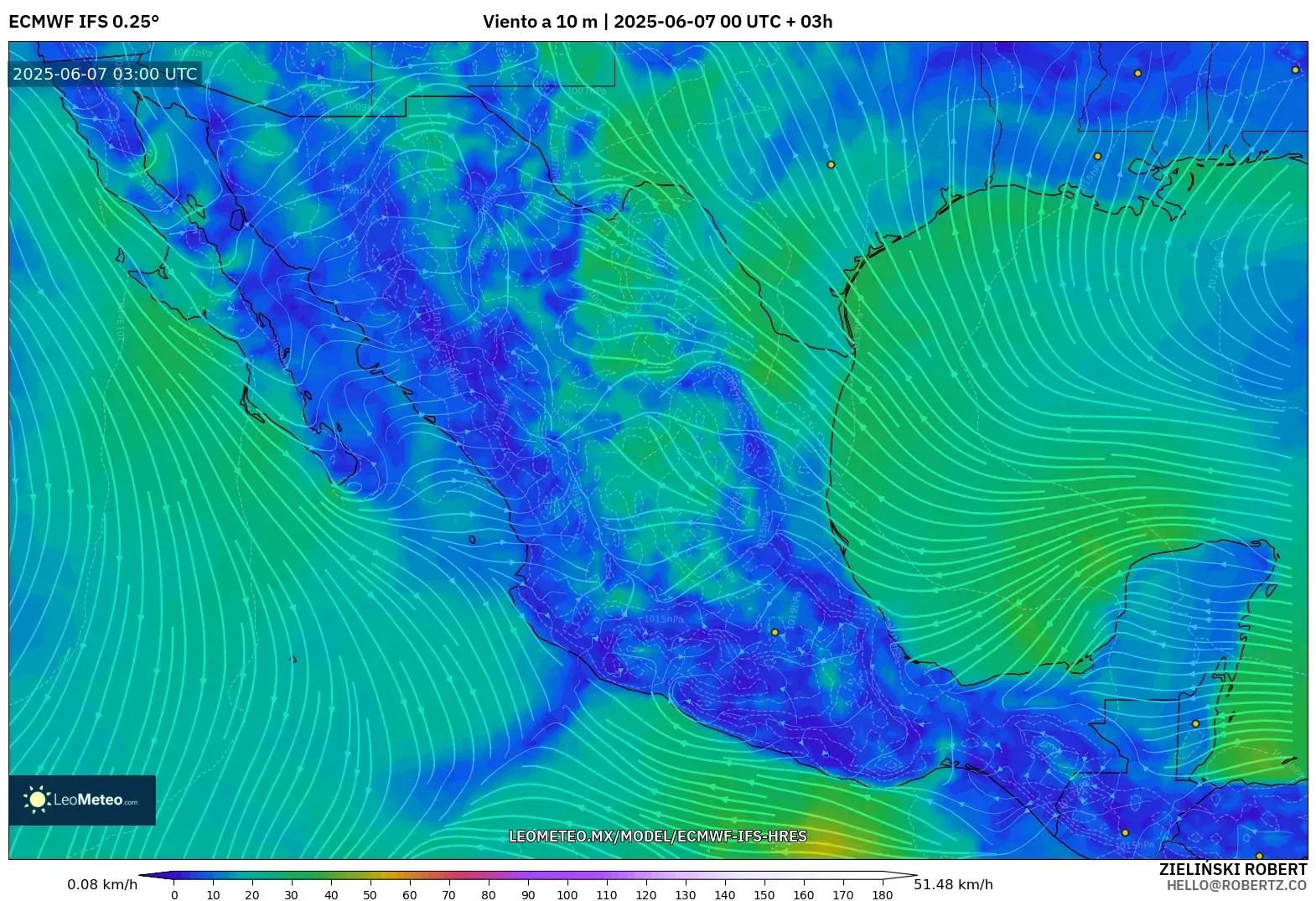 ECMWF IFS 0.25° model - México, Viento a 10 m