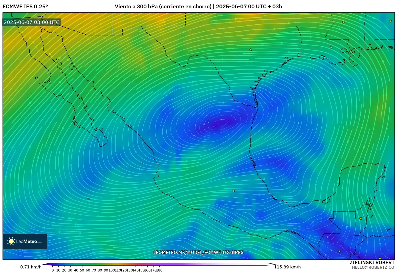 ECMWF IFS 0.25° model - México, Viento a 300 hPa (corriente en chorro) ECMWF IFS 0.25° model - México, Viento a 300 hPa (corriente en chorro)