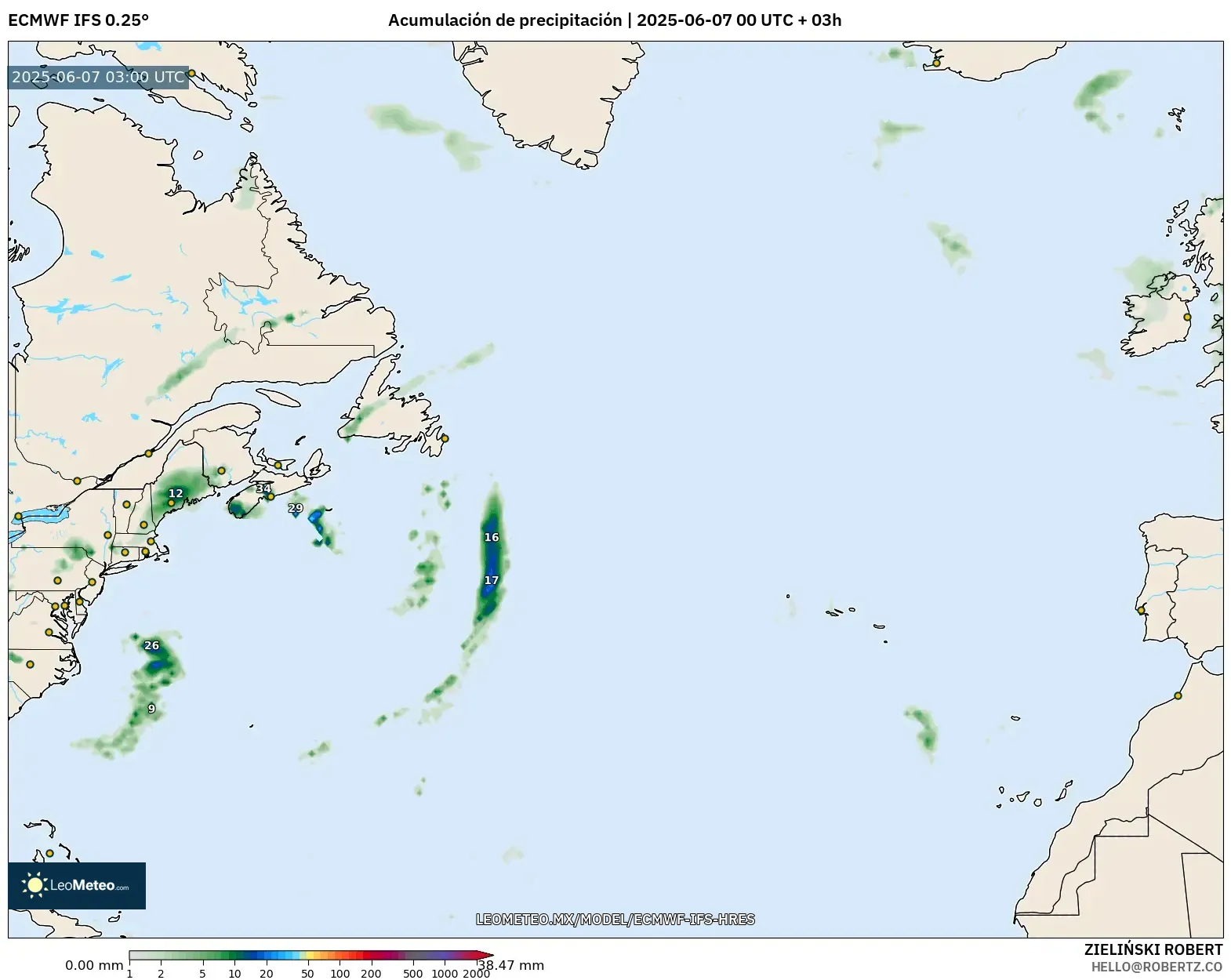 ECMWF IFS 0.25° model - Norte Atlántico, Acumulación de precipitación ECMWF IFS 0.25° model - Norte Atlántico, Acumulación de precipitación