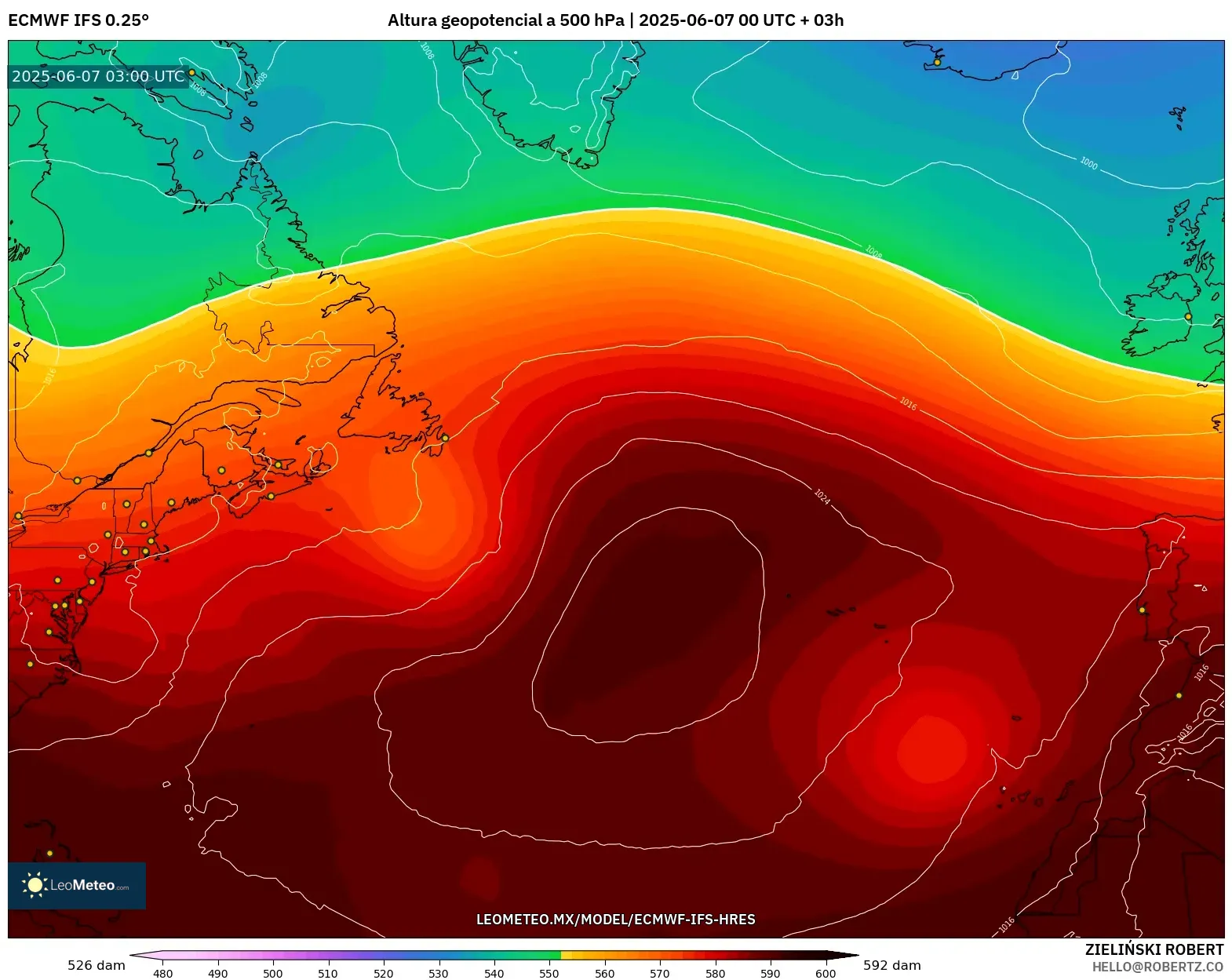 ECMWF IFS 0.25° model - Norte Atlántico, Altura geopotencial a 500 hPa ECMWF IFS 0.25° model - Norte Atlántico, Altura geopotencial a 500 hPa