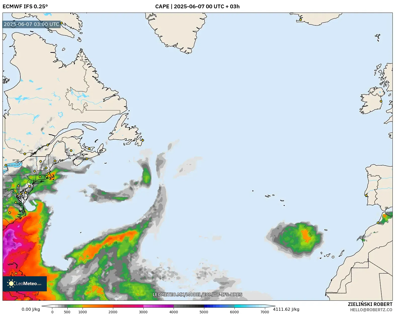 ECMWF IFS 0.25° model - Norte Atlántico, CAPE ECMWF IFS 0.25° model - Norte Atlántico, CAPE