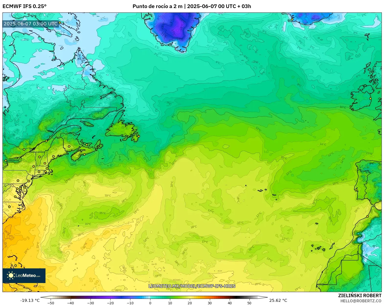 ECMWF IFS 0.25° model - Norte Atlántico, Punto de rocío a 2 m