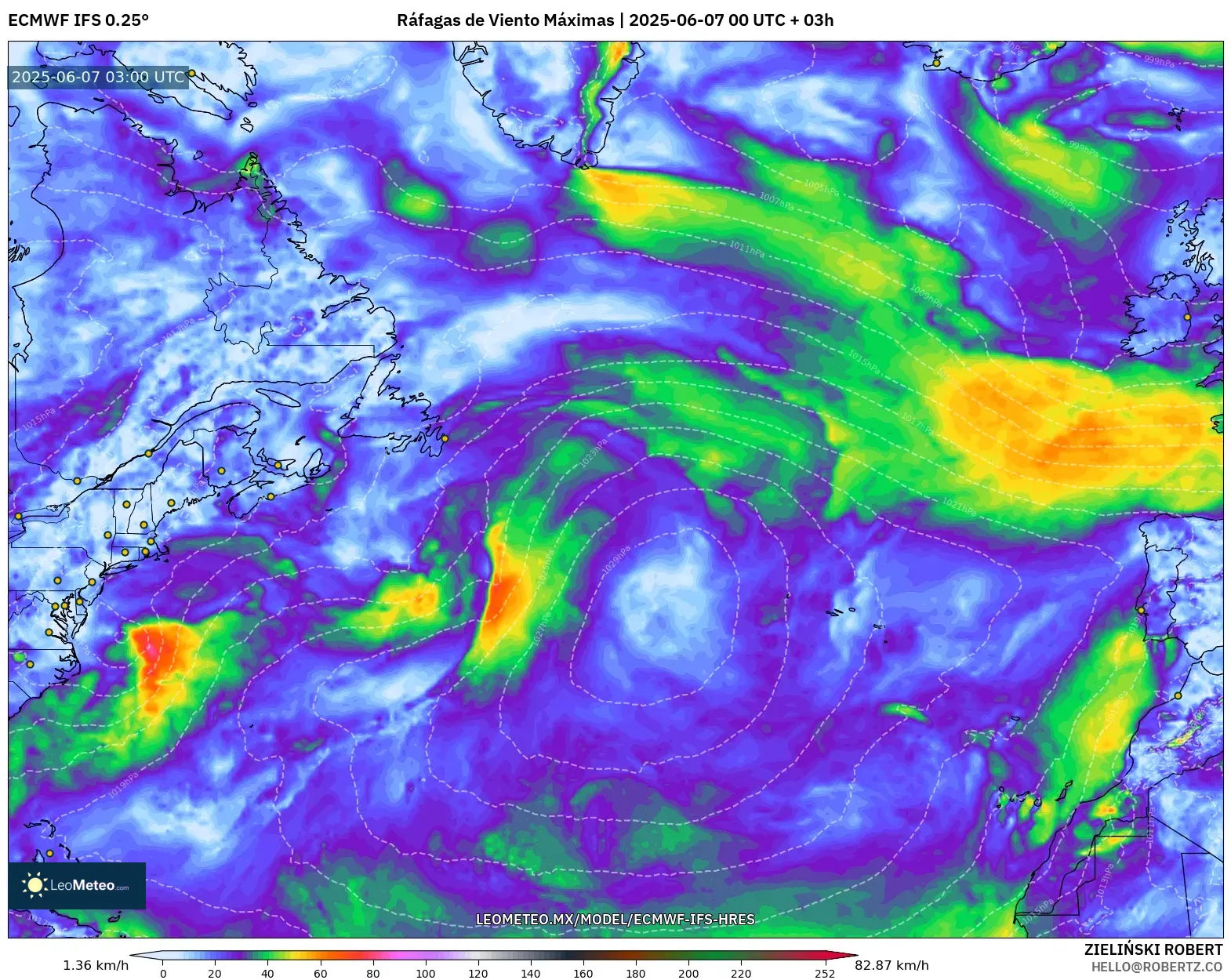 ECMWF IFS 0.25° model - Norte Atlántico, Ráfagas de Viento Máximas ECMWF IFS 0.25° model - Norte Atlántico, Ráfagas de Viento Máximas