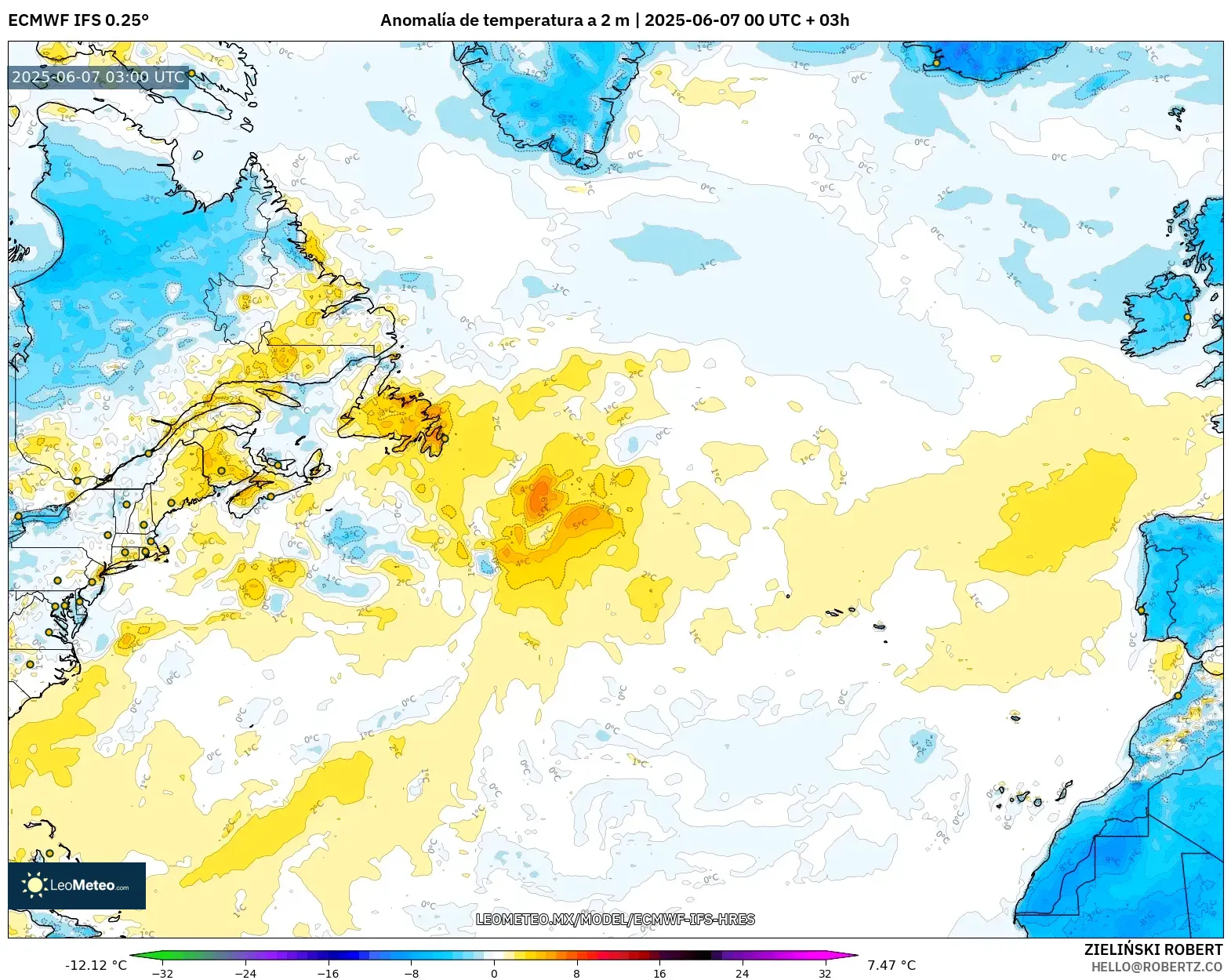 ECMWF IFS 0.25° model - Norte Atlántico, Anomalía de temperatura a 2 m ECMWF IFS 0.25° model - Norte Atlántico, Anomalía de temperatura a 2 m