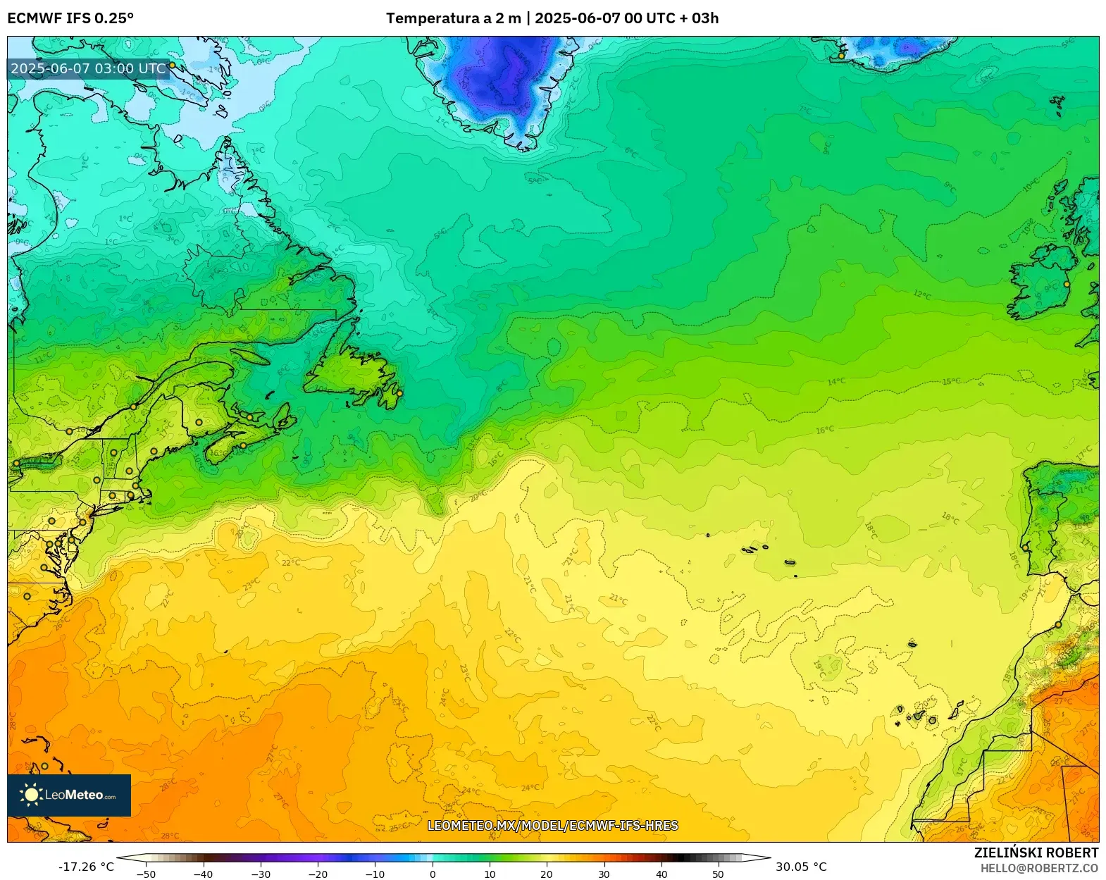 ECMWF IFS 0.25° model - Norte Atlántico, Temperatura a 2 m ECMWF IFS 0.25° model - Norte Atlántico, Temperatura a 2 m