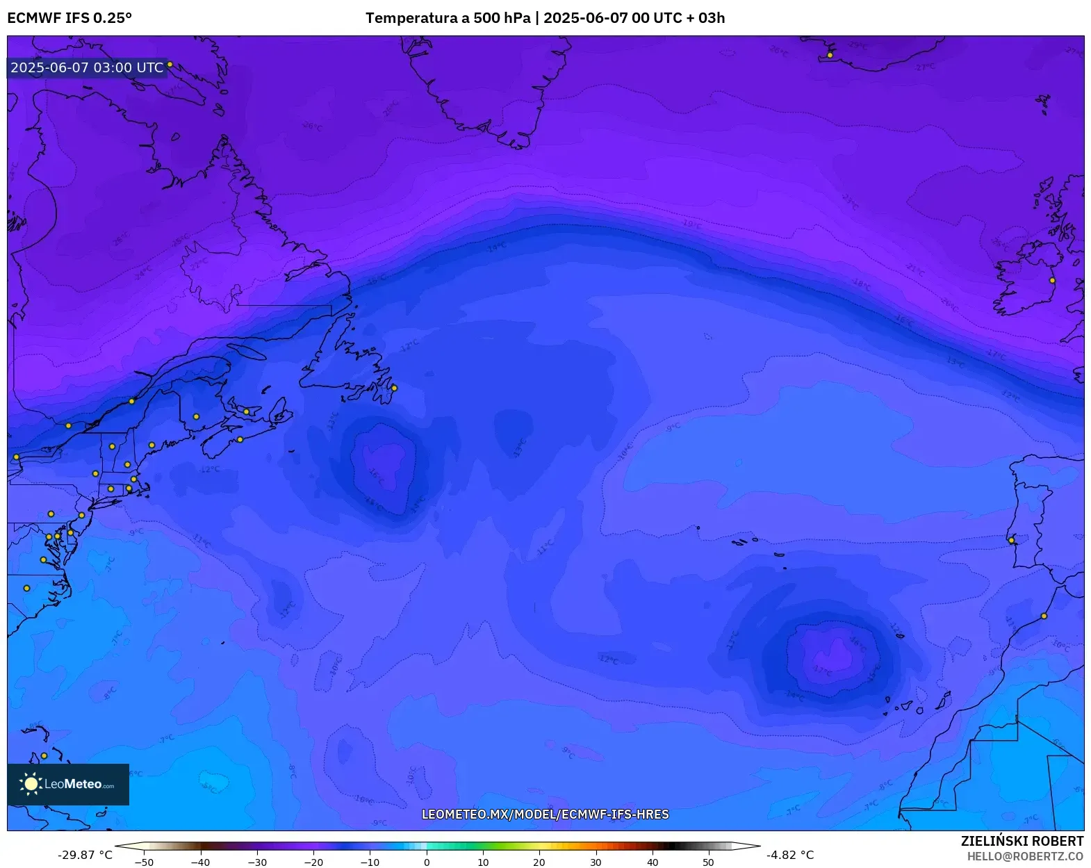 ECMWF IFS 0.25° model - Norte Atlántico, Temperatura a 500 hPa ECMWF IFS 0.25° model - Norte Atlántico, Temperatura a 500 hPa