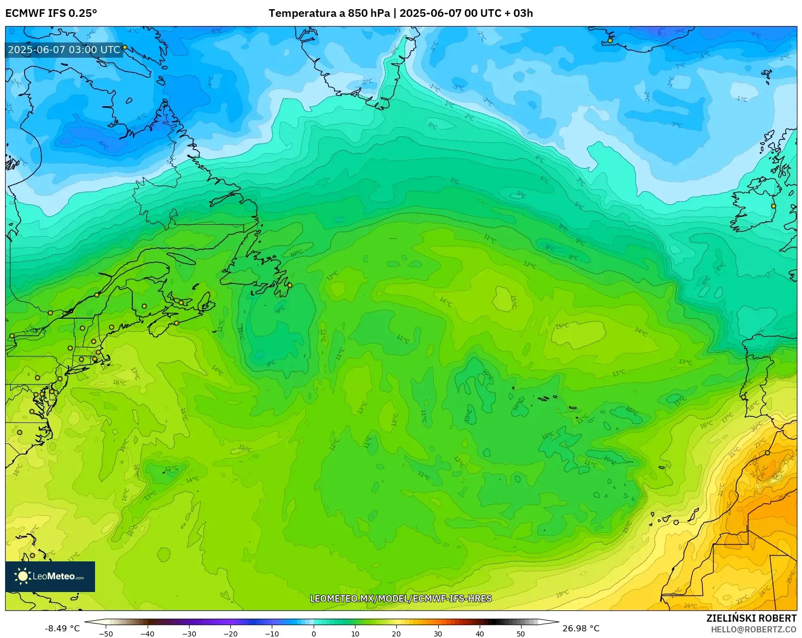 ECMWF IFS 0.25° model - Norte Atlántico, Temperatura a 850 hPa ECMWF IFS 0.25° model - Norte Atlántico, Temperatura a 850 hPa