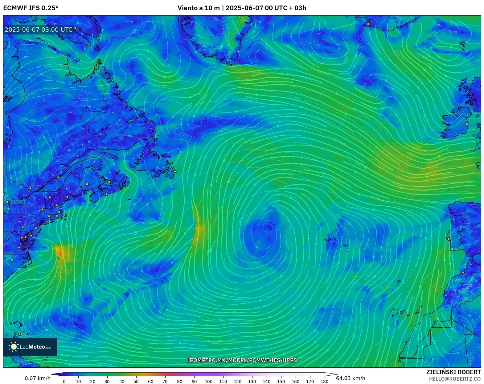 ECMWF IFS 0.25° model - Norte Atlántico, Viento a 10 m