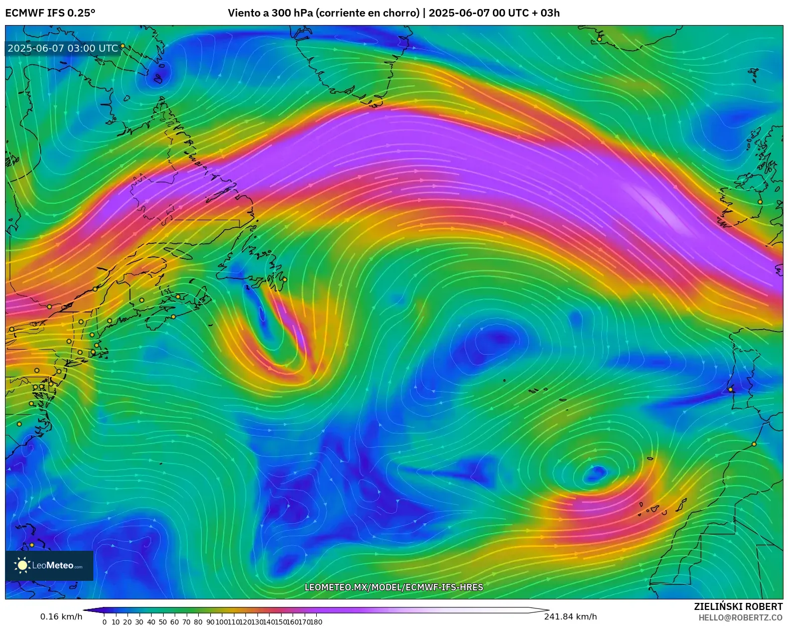 ECMWF IFS 0.25° model - Norte Atlántico, Viento a 300 hPa (corriente en chorro) ECMWF IFS 0.25° model - Norte Atlántico, Viento a 300 hPa (corriente en chorro)