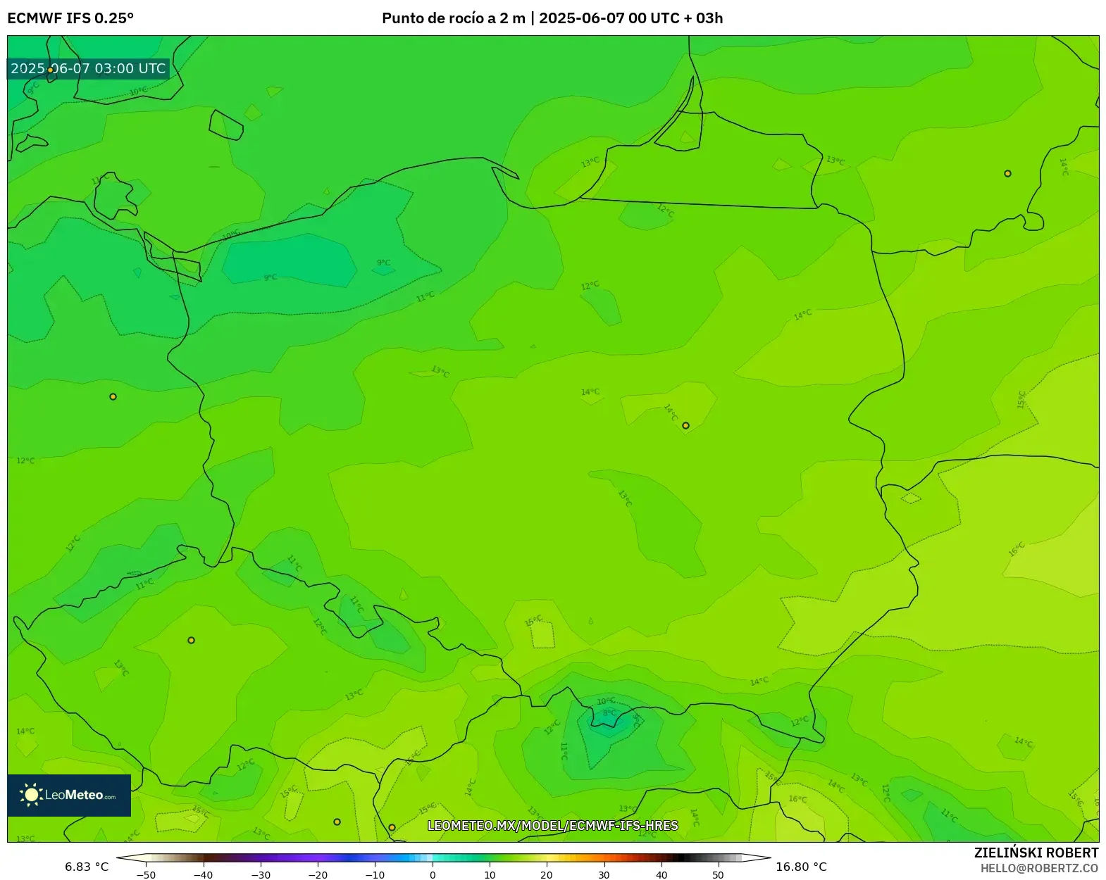 ECMWF IFS 0.25° model - Polonia, Punto de rocío a 2 m ECMWF IFS 0.25° model - Polonia, Punto de rocío a 2 m