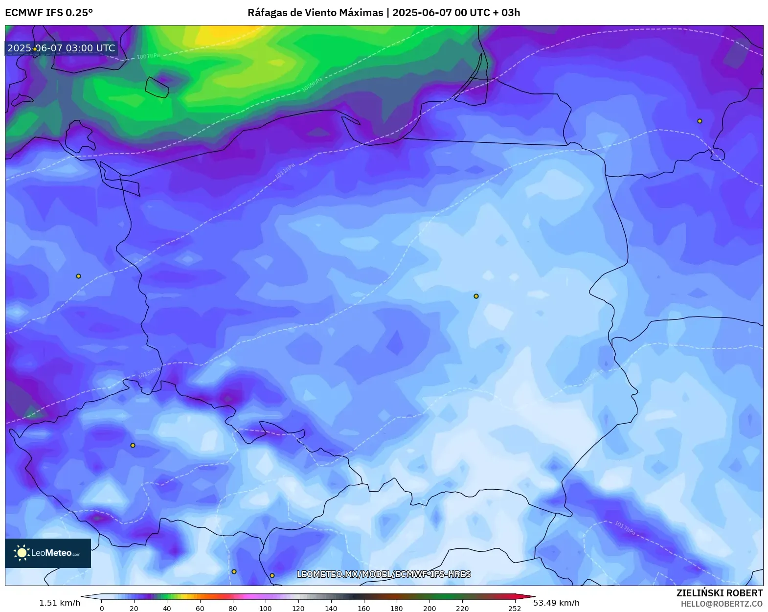 ECMWF IFS 0.25° model - Polonia, Ráfagas de Viento Máximas ECMWF IFS 0.25° model - Polonia, Ráfagas de Viento Máximas