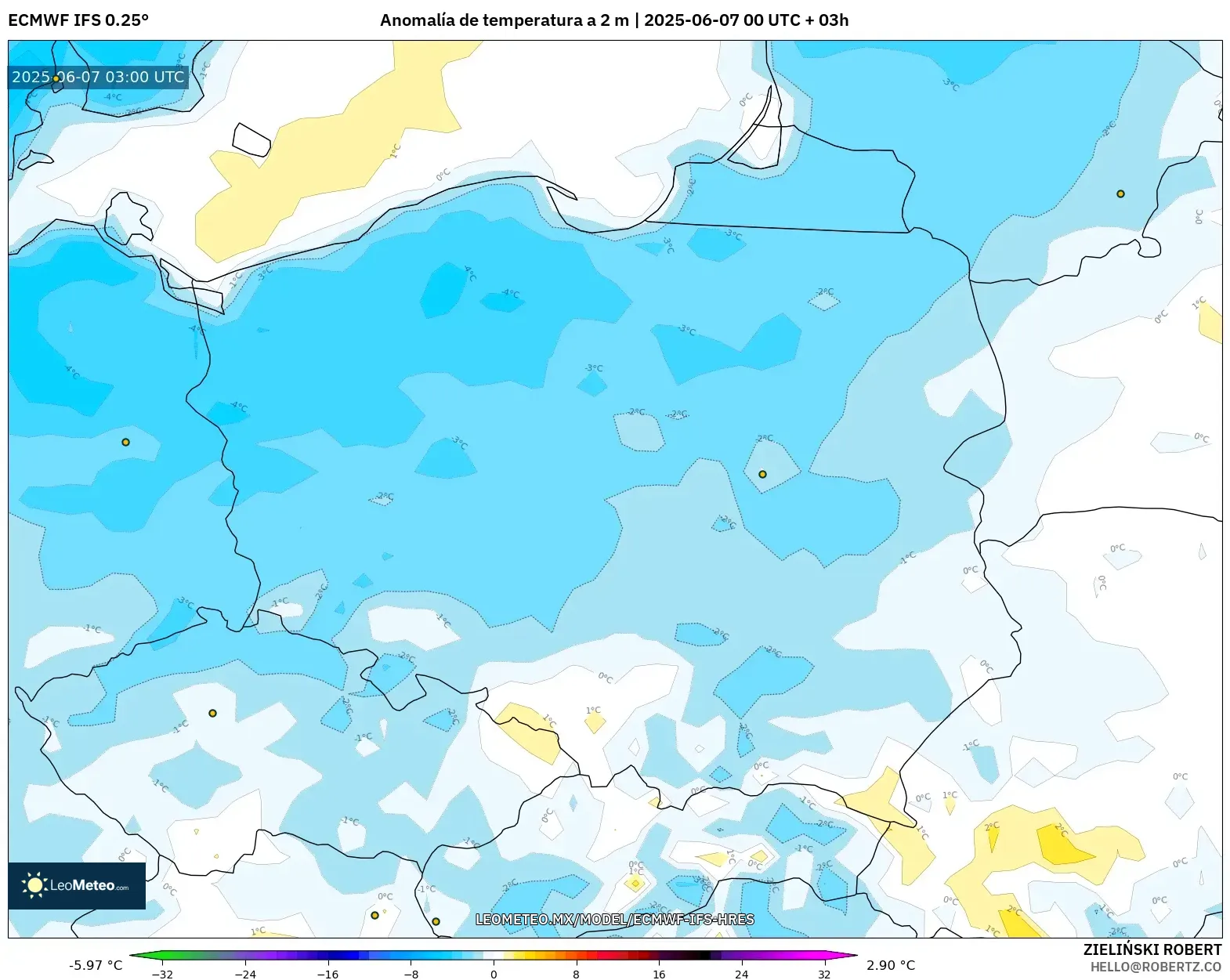 ECMWF IFS 0.25° model - Polonia, Anomalía de temperatura a 2 m ECMWF IFS 0.25° model - Polonia, Anomalía de temperatura a 2 m