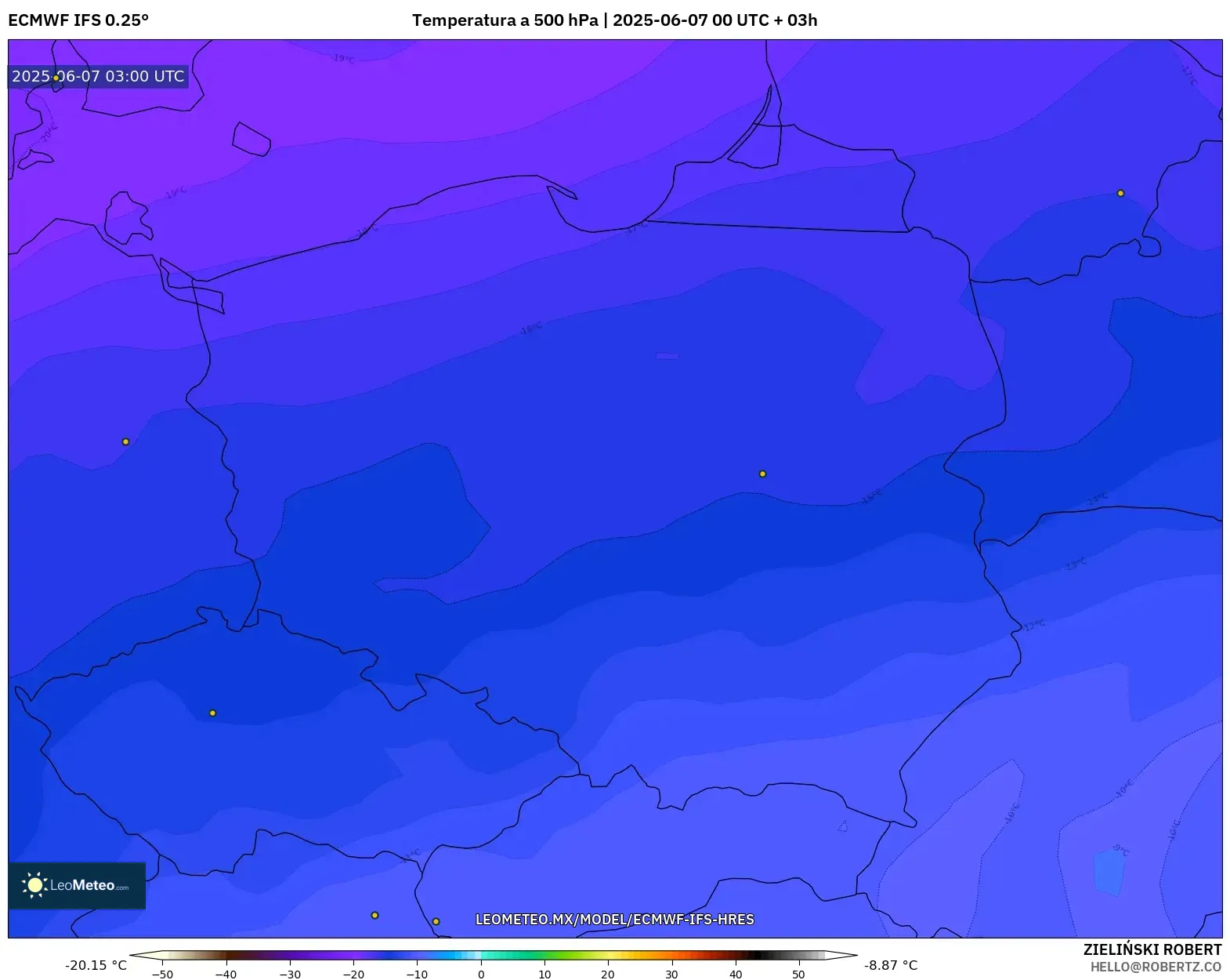 ECMWF IFS 0.25° model - Polonia, Temperatura a 500 hPa