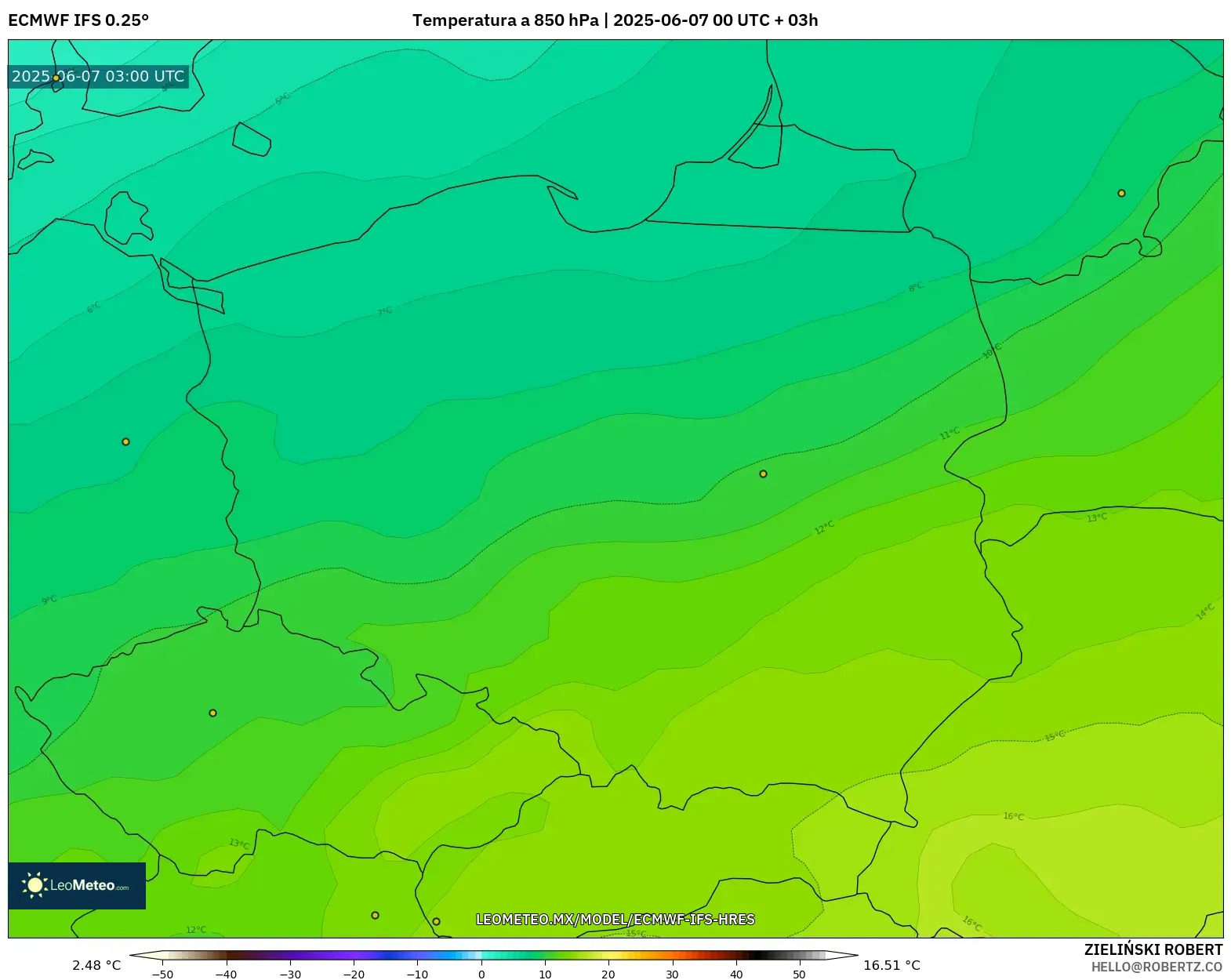 ECMWF IFS 0.25° model - Polonia, Temperatura a 850 hPa ECMWF IFS 0.25° model - Polonia, Temperatura a 850 hPa