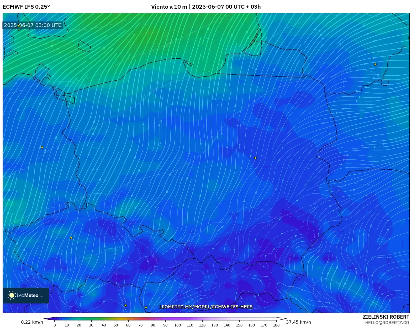 ECMWF IFS 0.25° model - Polonia, Viento a 10 m ECMWF IFS 0.25° model - Polonia, Viento a 10 m