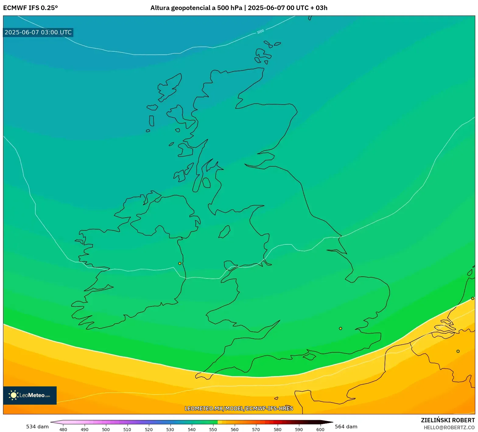ECMWF IFS 0.25° model - Reino Unido, Altura geopotencial a 500 hPa