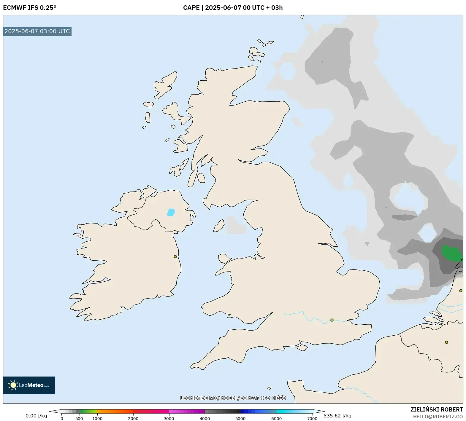 ECMWF IFS 0.25° model - Reino Unido, CAPE ECMWF IFS 0.25° model - Reino Unido, CAPE