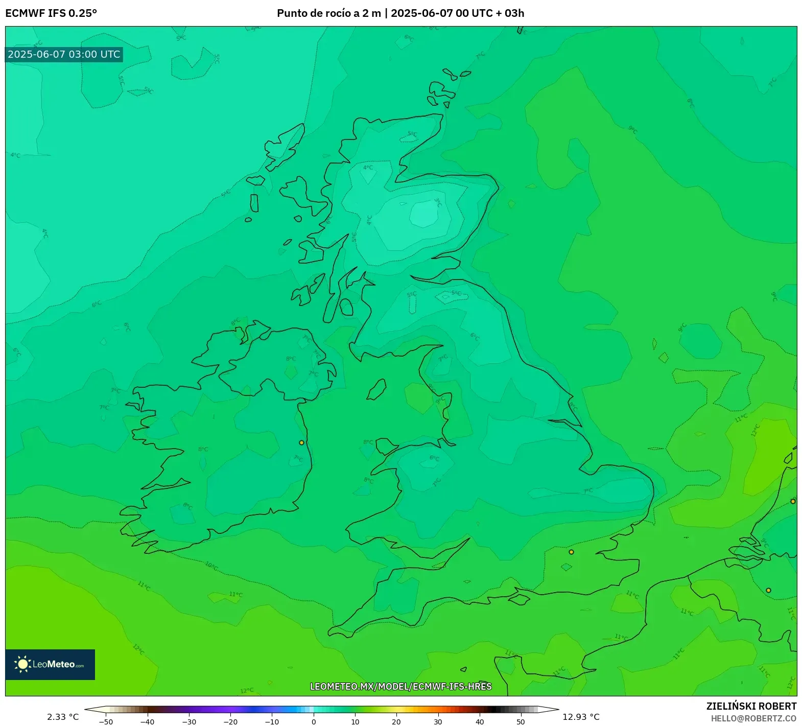 ECMWF IFS 0.25° model - Reino Unido, Punto de rocío a 2 m ECMWF IFS 0.25° model - Reino Unido, Punto de rocío a 2 m