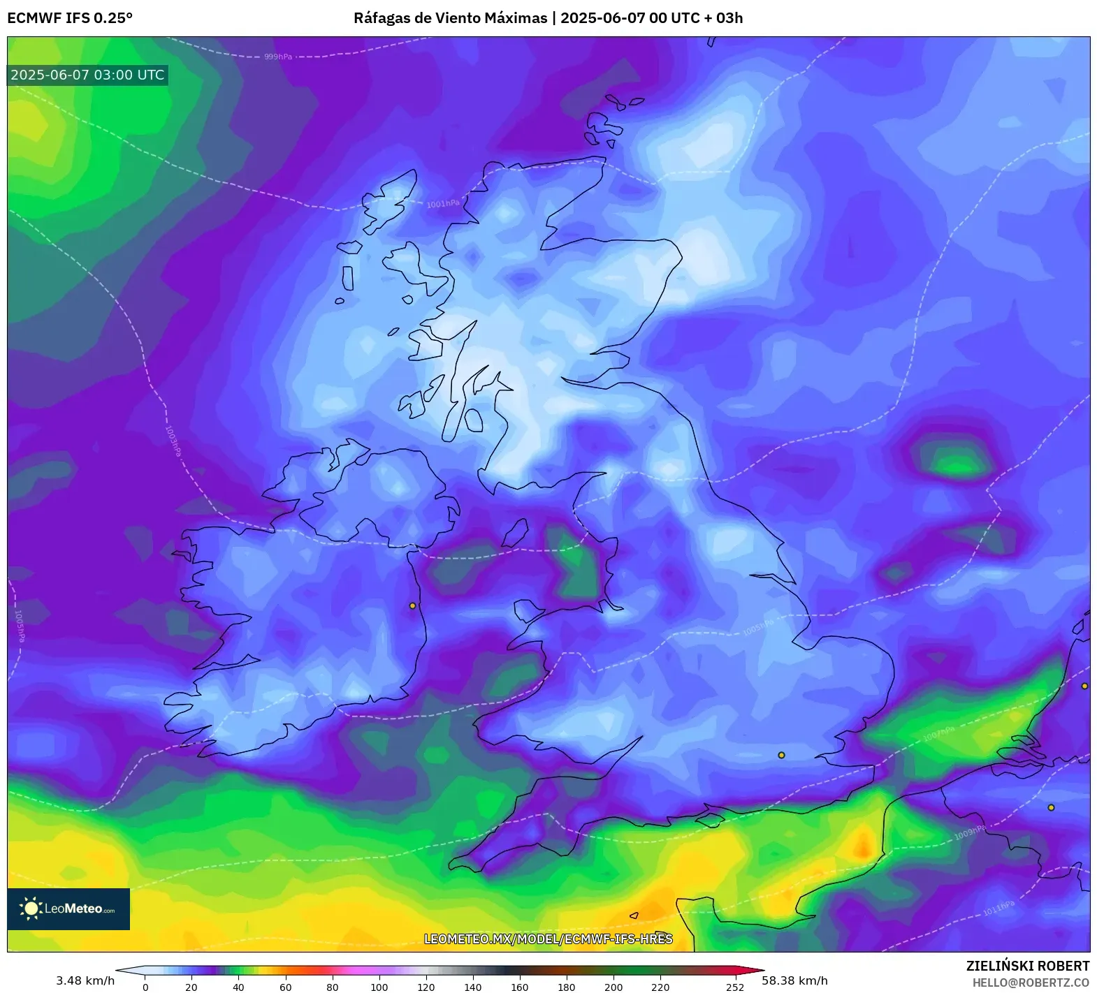 ECMWF IFS 0.25° model - Reino Unido, Ráfagas de Viento Máximas
