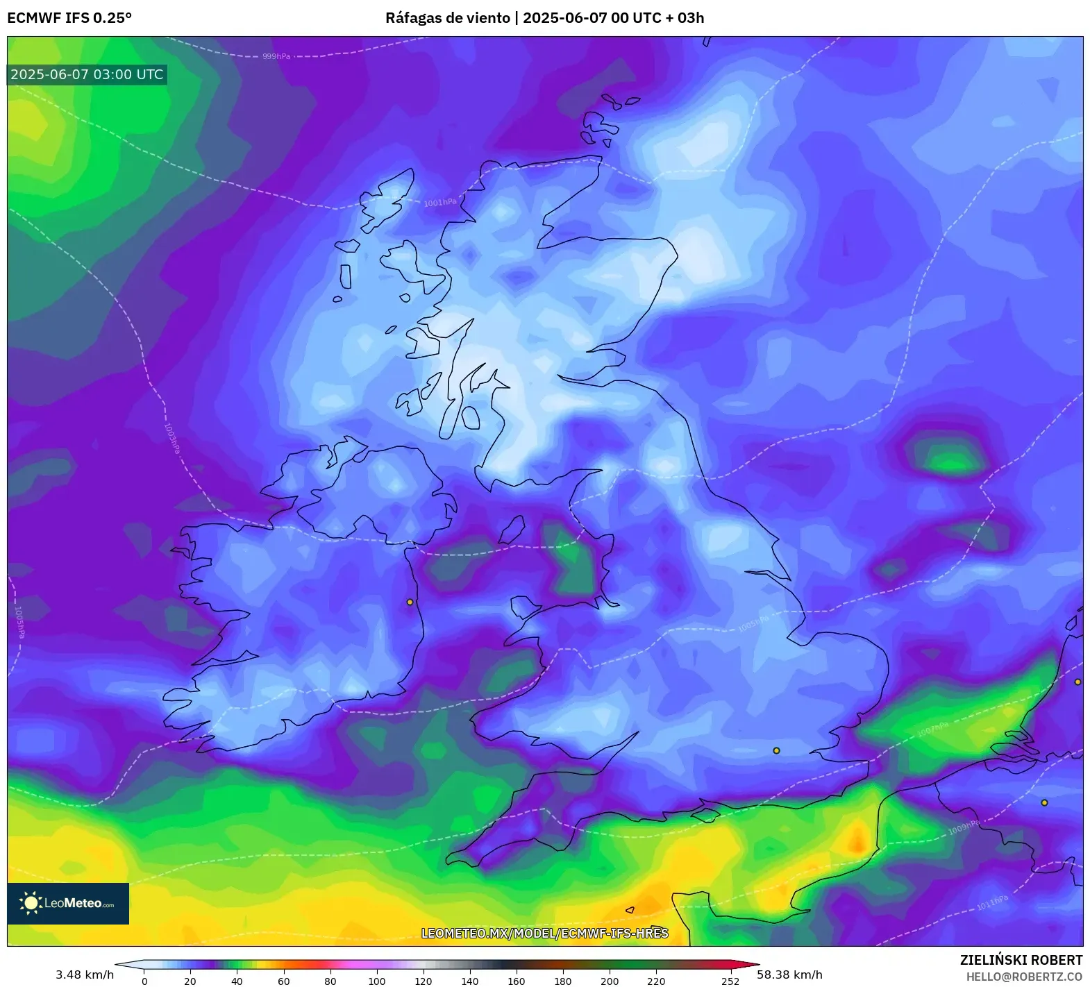 ECMWF IFS 0.25° model - Reino Unido, Ráfagas de viento ECMWF IFS 0.25° model - Reino Unido, Ráfagas de viento