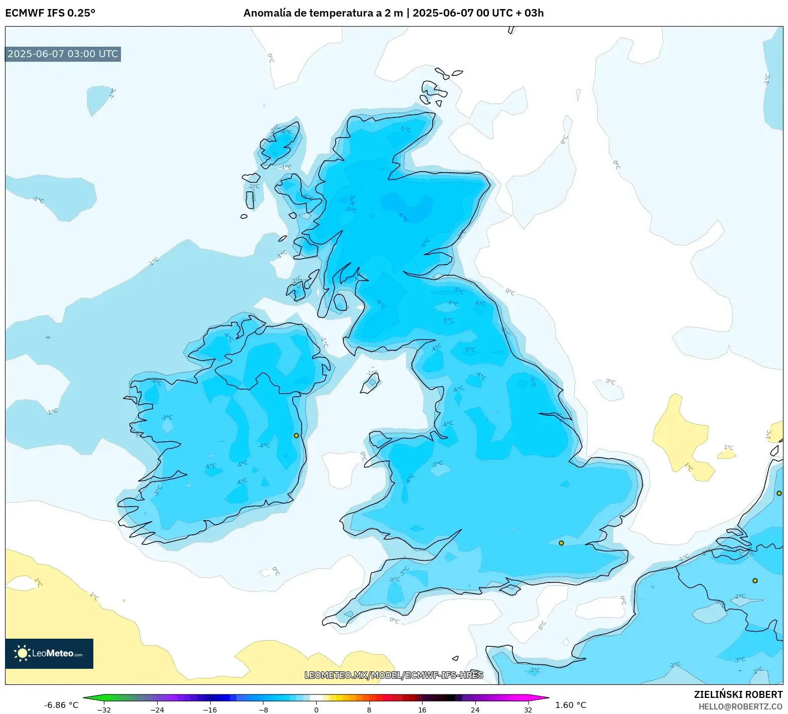 ECMWF IFS 0.25° model - Reino Unido, Anomalía de temperatura a 2 m