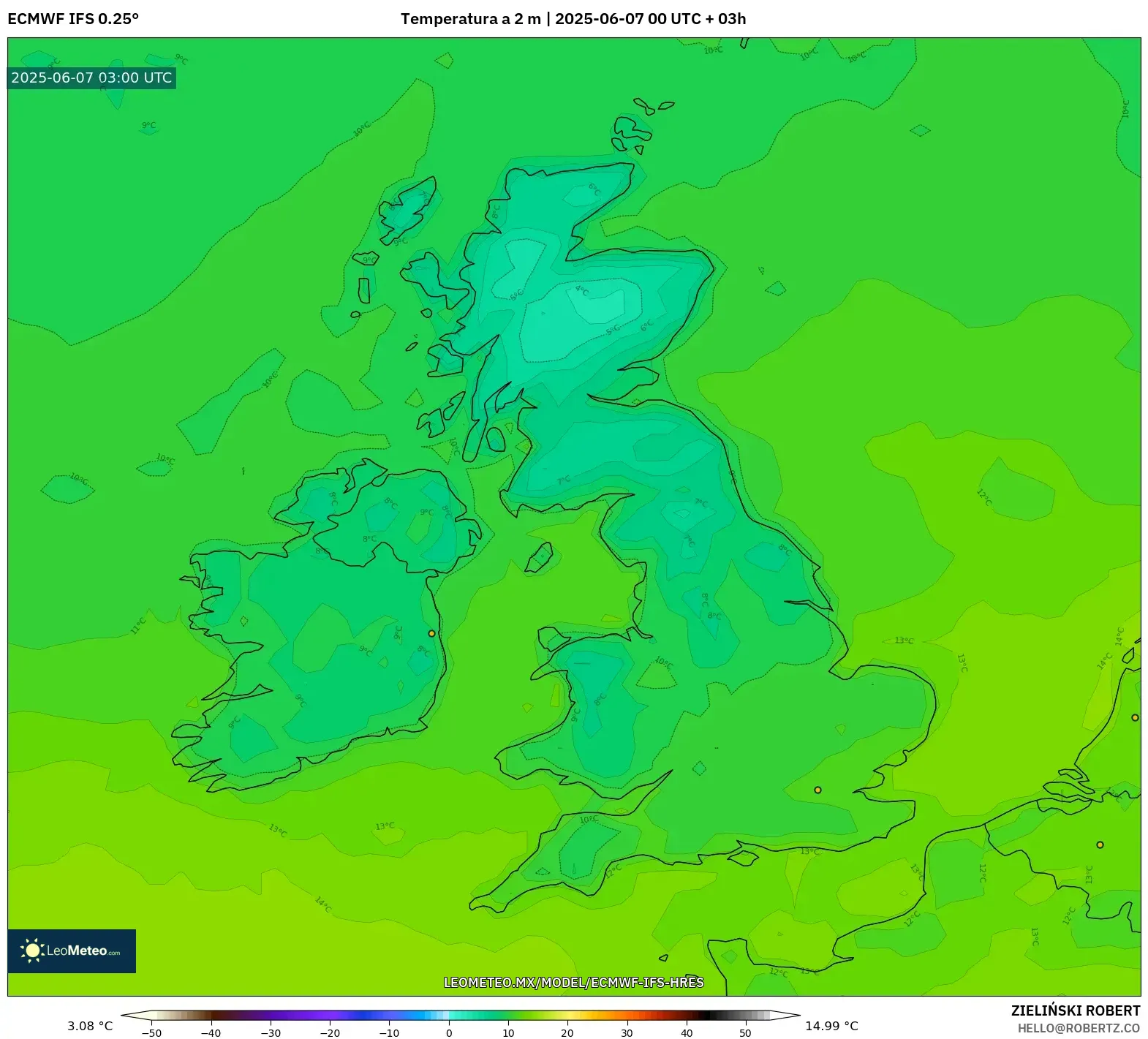 ECMWF IFS 0.25° model - Reino Unido, Temperatura a 2 m ECMWF IFS 0.25° model - Reino Unido, Temperatura a 2 m