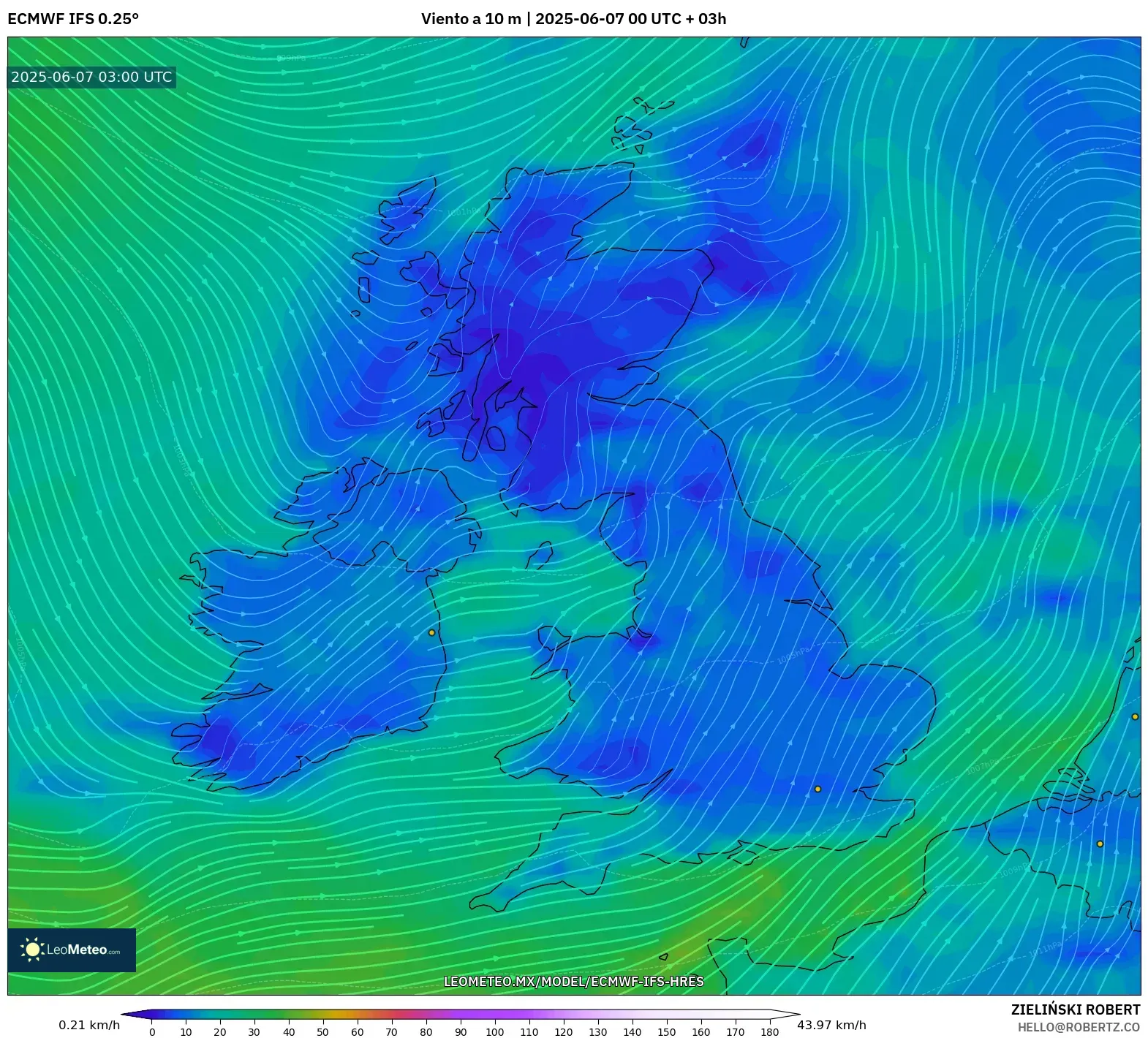 ECMWF IFS 0.25° model - Reino Unido, Viento a 10 m