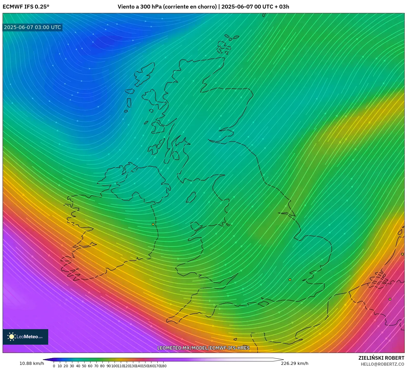 ECMWF IFS 0.25° model - Reino Unido, Viento a 300 hPa (corriente en chorro)