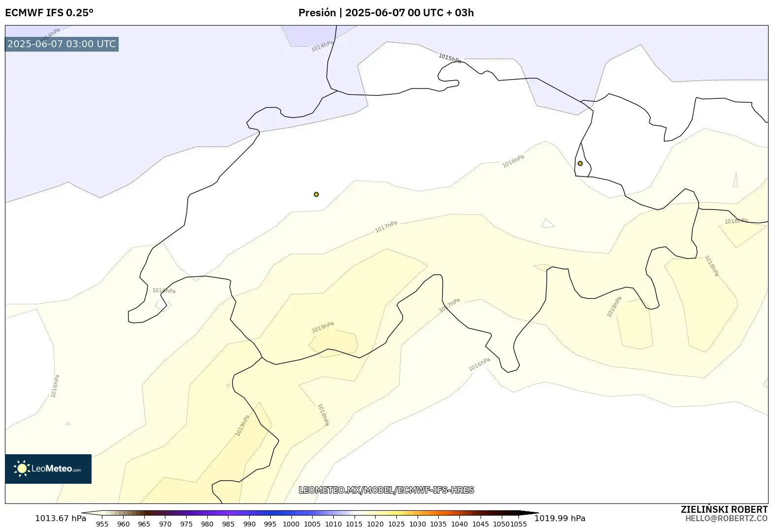 ECMWF IFS 0.25° model - Suiza, Presión ECMWF IFS 0.25° model - Suiza, Presión