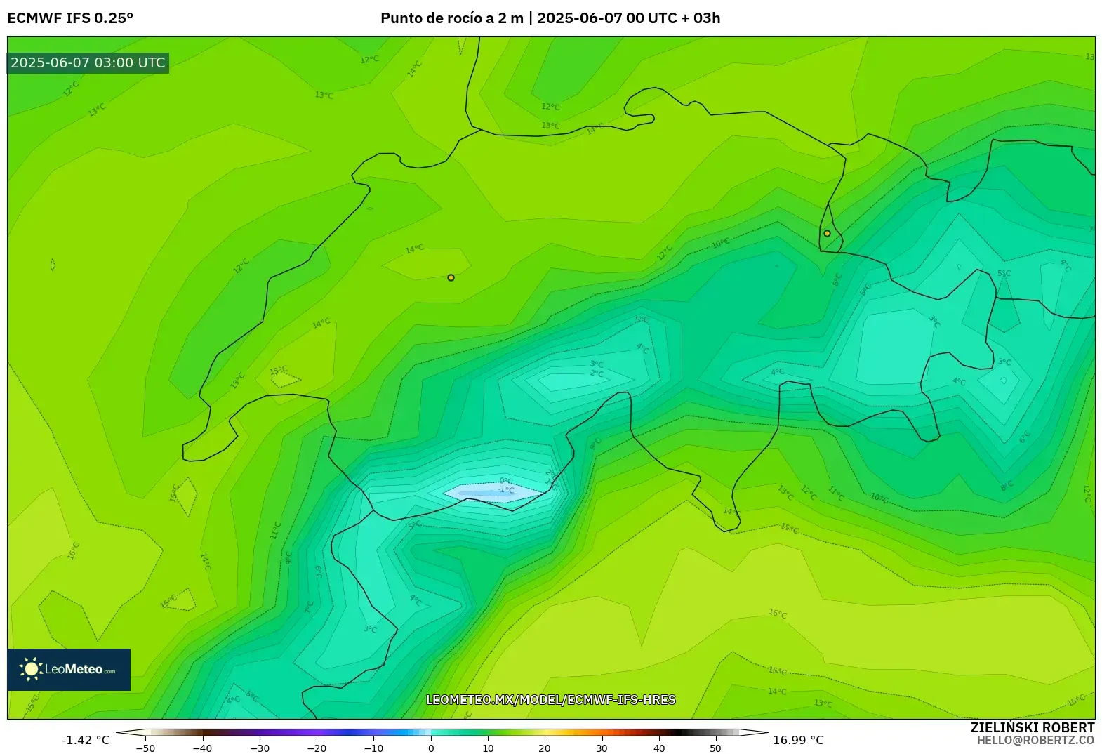 ECMWF IFS 0.25° model - Suiza, Punto de rocío a 2 m ECMWF IFS 0.25° model - Suiza, Punto de rocío a 2 m