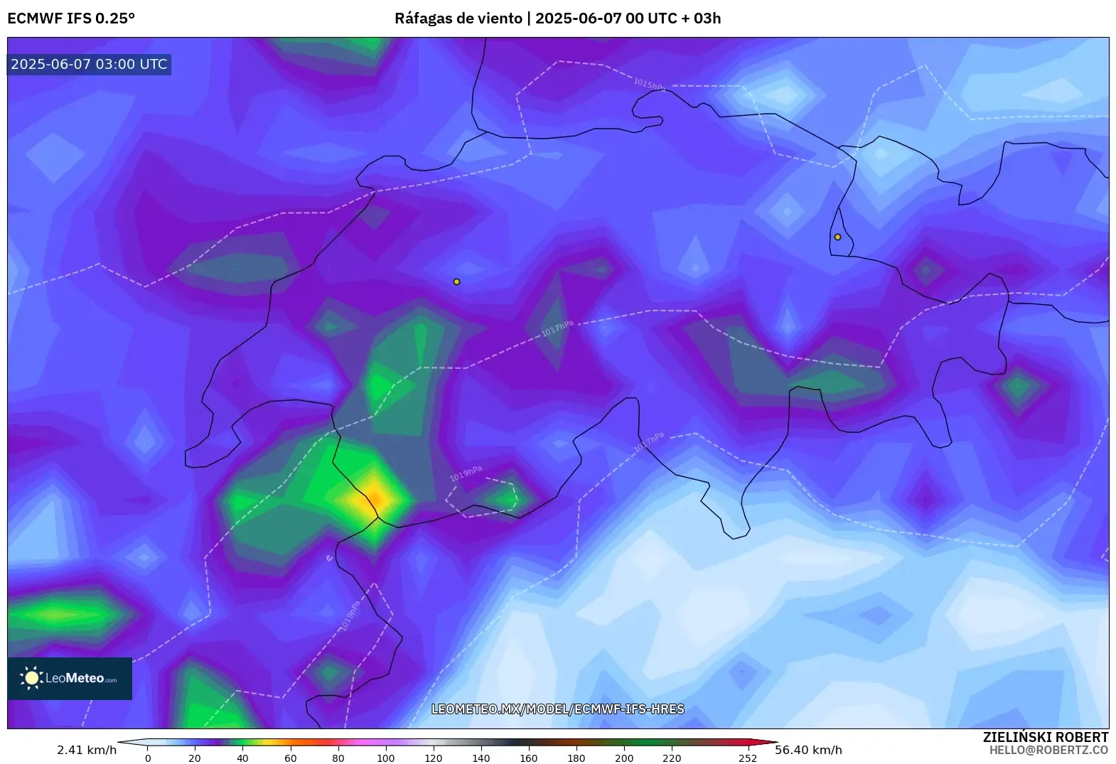 ECMWF IFS 0.25° model - Suiza, Ráfagas de viento ECMWF IFS 0.25° model - Suiza, Ráfagas de viento