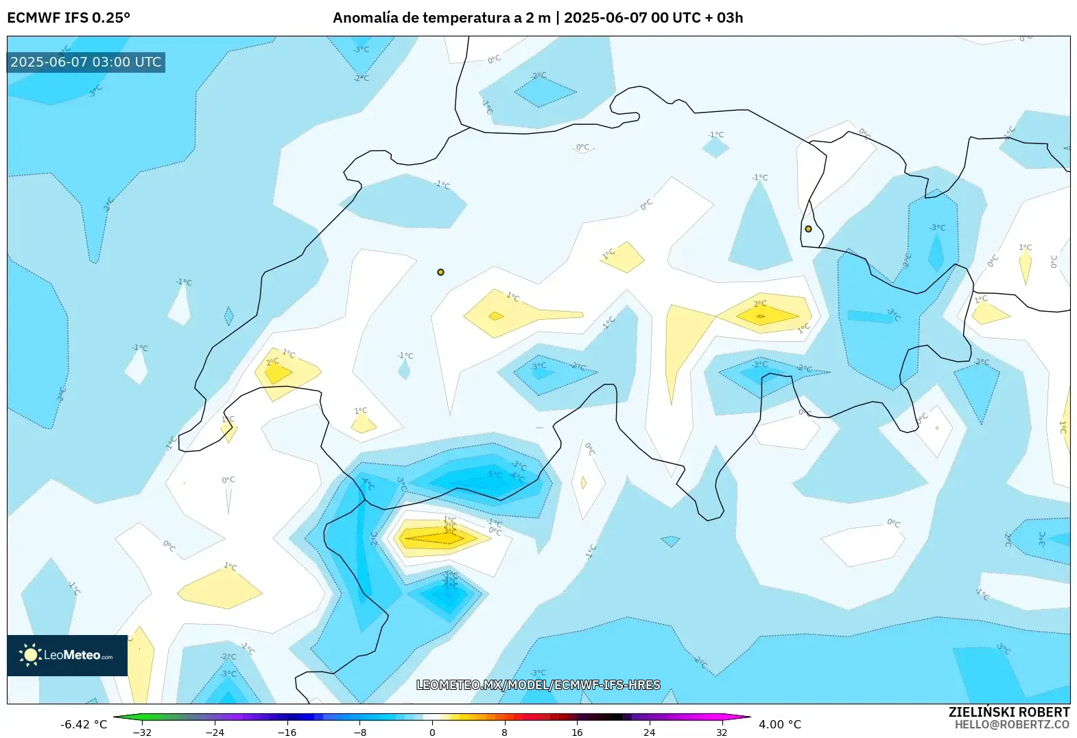 ECMWF IFS 0.25° model - Suiza, Anomalía de temperatura a 2 m ECMWF IFS 0.25° model - Suiza, Anomalía de temperatura a 2 m